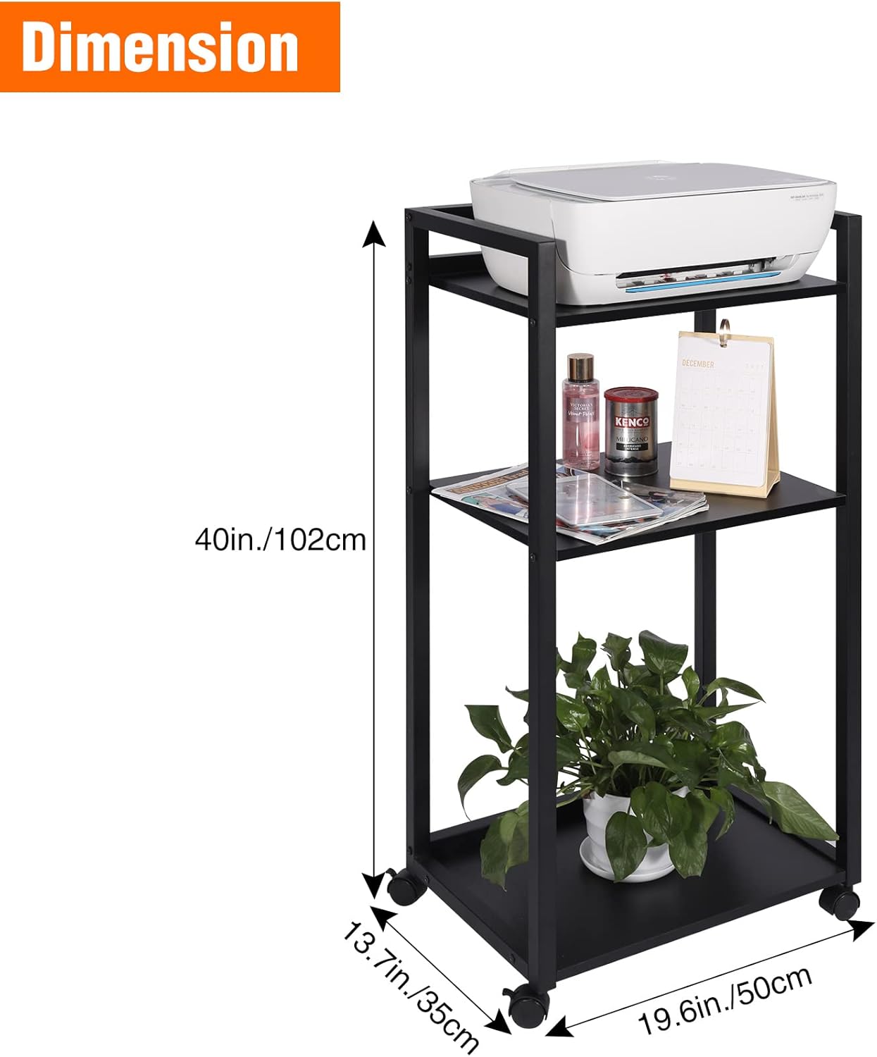 AKVOMBI Printer Stand, 3 Tier Under Desk Printer Stand Shelf, Rolling Printer Cart with Wheels, Industrial Printer Table for Office, 19.6x13.7x40&rsquo;&rsquo;, Black