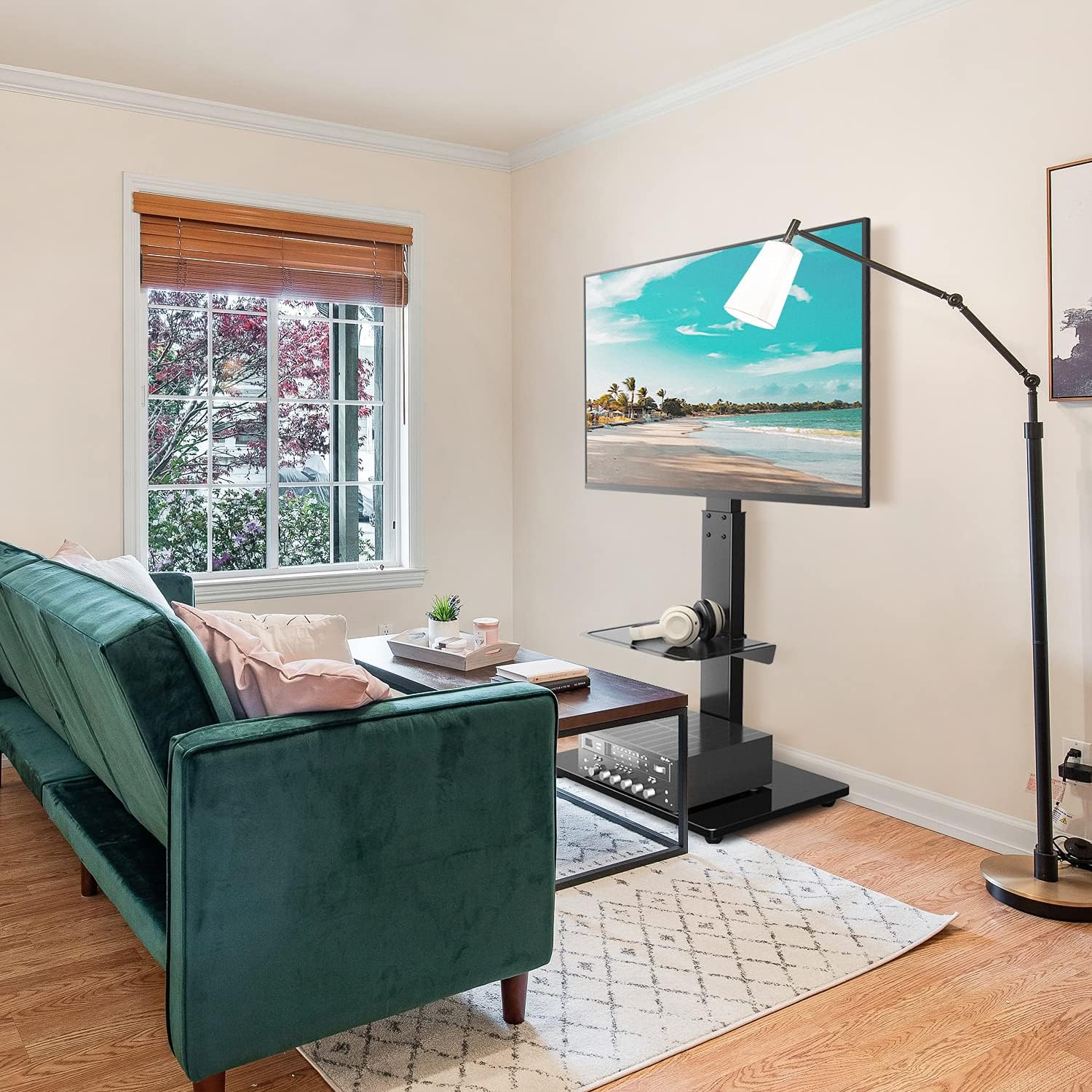 5Rcom Swivel TV Floor Stand with Mount for 32 37 43 50 55 60 65 inch Plasma LCD LED Flat or Curved Screen TVs, Tall TV Stand Mount, Height Adjustable and Space Saving for Bedroom/Living Room