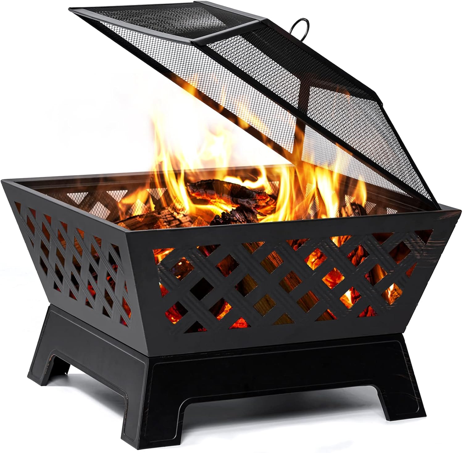 SINGLYFIRE 26 Inch Fire Pits for Outside Square Firepit Outdoor Wood Burning Extra Large Steel Firepit Rectangular Deep Bowl for Patio Backyard Garden with Ash Plate,Spark Screen,Log Grate,Poker