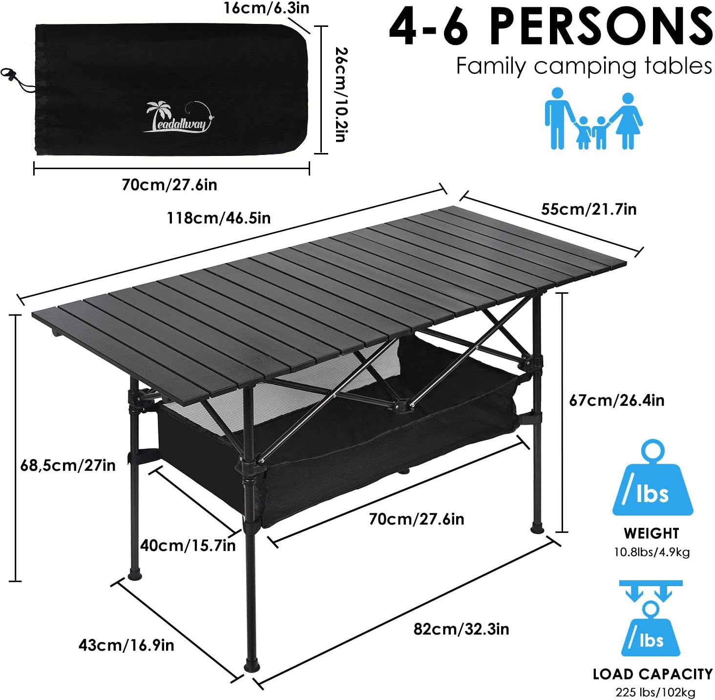 Outdoor Folding Camping Table, Portable Aluminum Folding Table with Large Storage Organizer and Carrying Bags, Collapsible Beach Table for Outdoor Camp, Picnic, BBQ, Travel, Fishing
