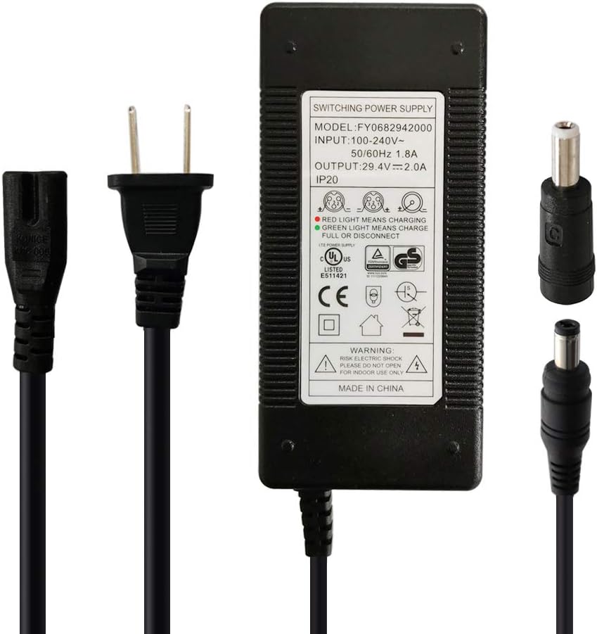 29.4V 2A UL Charger Power Supply Adapter for 24V 29.4V 7S Lithium Battery Pack with DC 5.5x2.1mm/5.5x2.5mm Plug