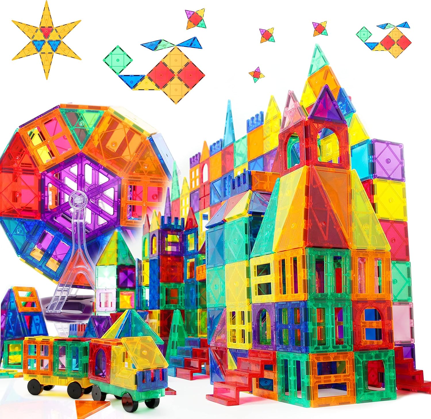 Magnet Toys Compatible Magnetic Tiles Mega Pack with Ferris Wheel and Cars - Magnetic Blocks STEM Learning Building Construction Toddler Kids Toys for 3+ Year Old Boys and Girls