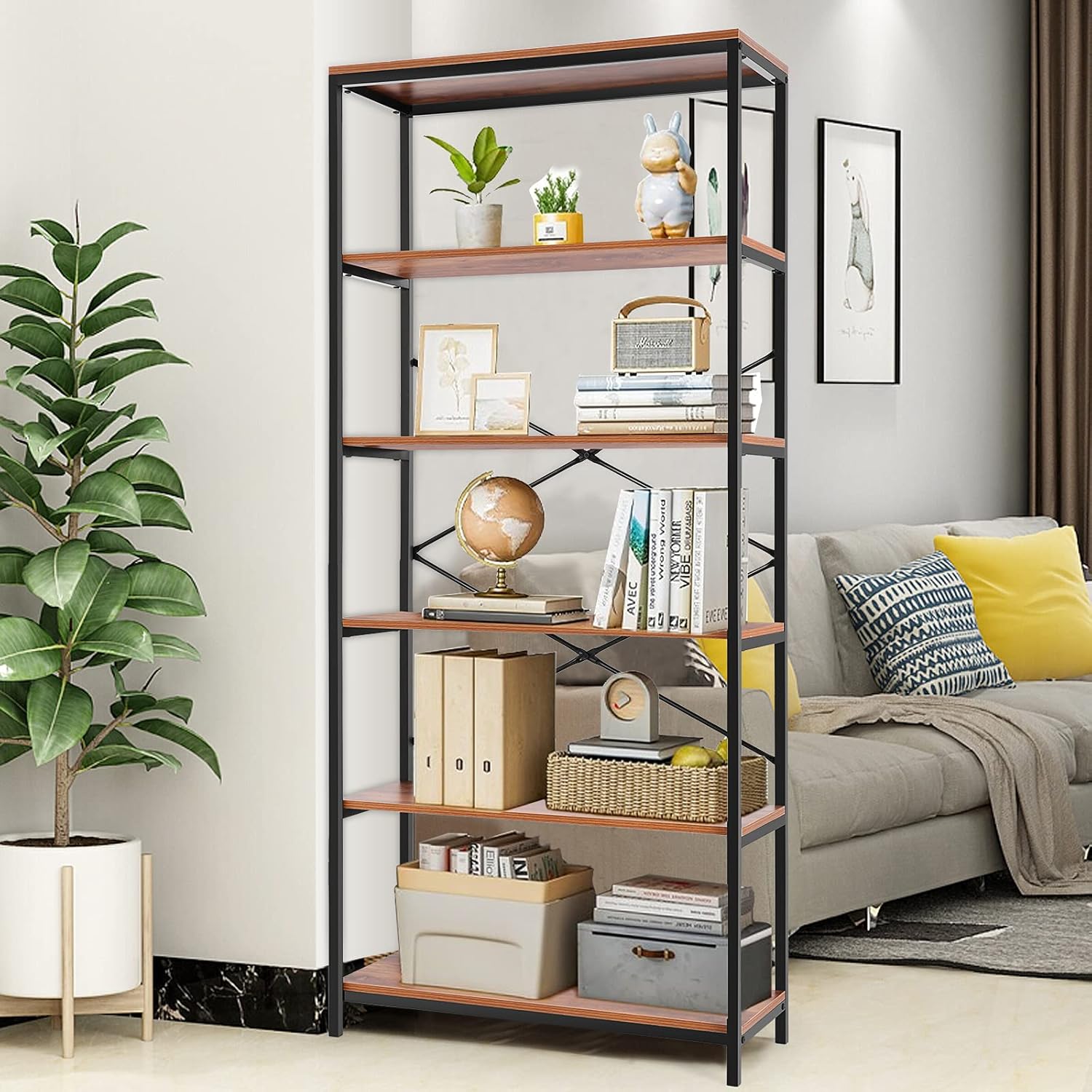 6 Tier Shelf Book Shelves Free Standing Display Shelves Storage Tall Heavy Duty Shelves with Black Metal Frame Bookcase for Living Room ,Study ,Bedroom ,Balcony (6 Shelf)
