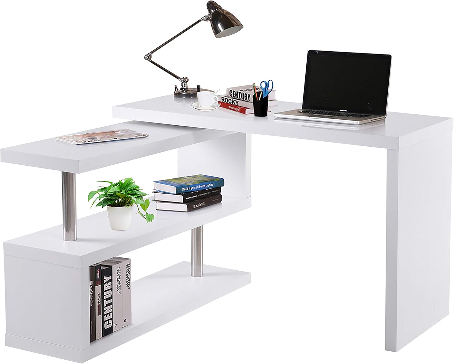 HOMCOM 360&deg; Rotating Corner Computer Desk Modern L-Shaped Home Office Workstation with 2 Storage Shelves, Bookshelf, Black