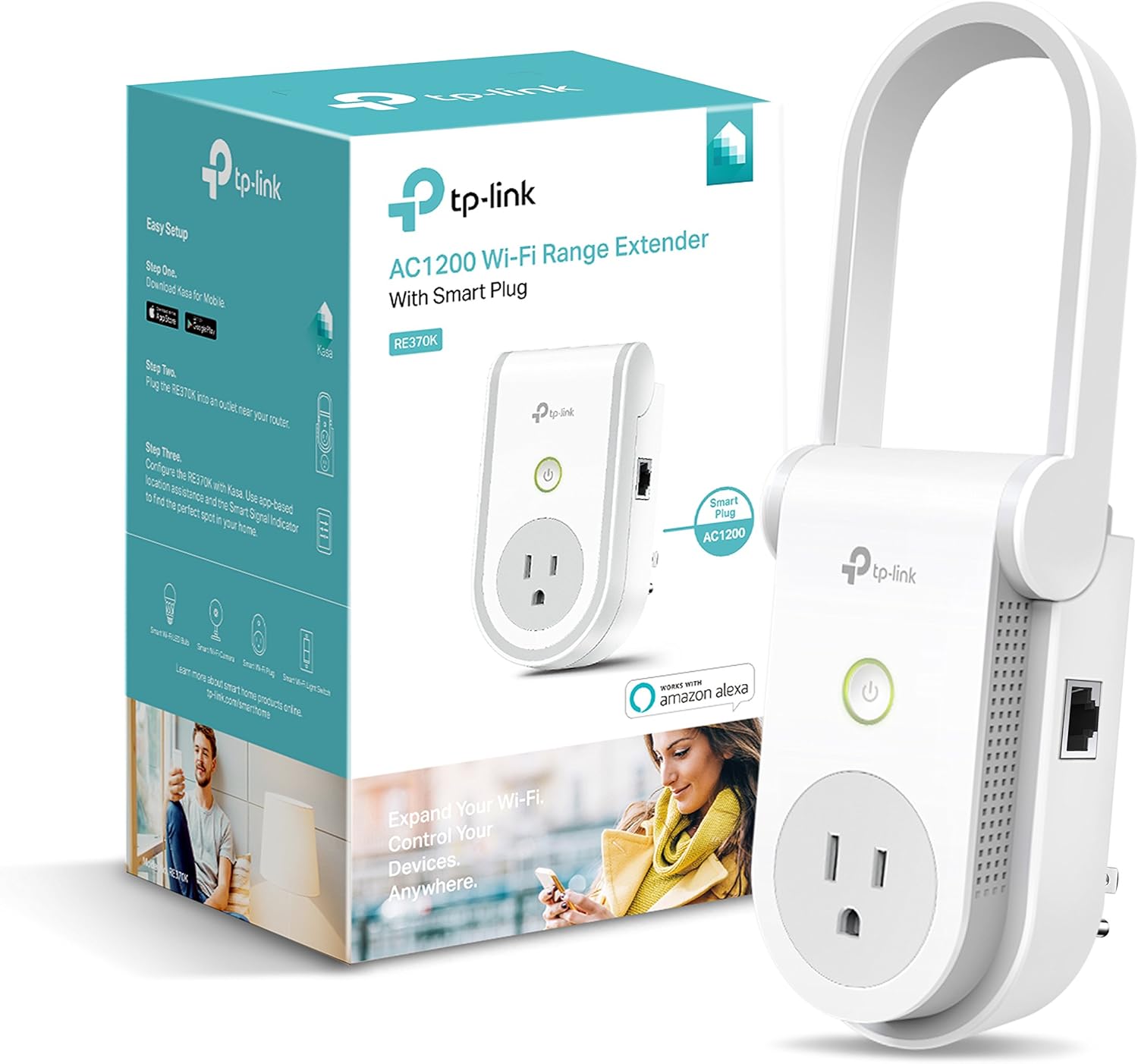 Kasa AC1200 Wi-Fi Range Extender Smart Plug by TP-Link - Fast AC1200 Wi-Fi Extender/Repeater with Built-In Smart Plug, No Hub Required, Works With Alexa and Google Assistant (RE370K) Pack of 2