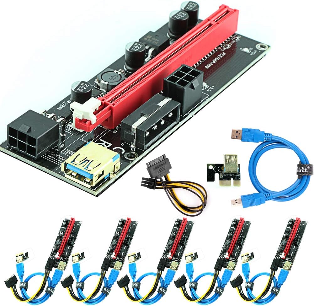 Ubit 6 Pack PCI-E Riser Express Cable 16X to 1X ( Dual-6pin / MOLEX) with Led Graphics Extension Ethereum ETH Mining Powered Riser Adapter Card+60cm USB 3.0 Cable Pack of 2