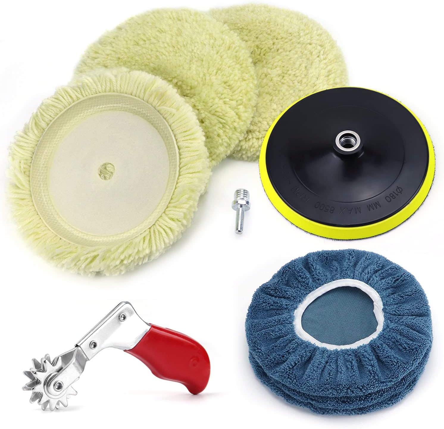POLIWELL Wool Buffing Pads 7 Inch Set 100% Wool Buffing Pad Hook and Loop 3Pack, 5/8-11T Shark Backing Pad Kit, Cleaning Spur Tool + 7&rdquo; Waxing Bonnet Pads 3pcs for Compound Cutting & Polishing, 9Pack