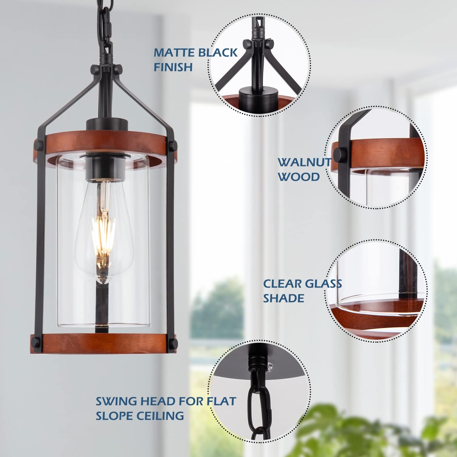 Farmhouse Pendant Lighting Fixture with Wood and Glass, Vintage Industrial Glass Pendant Light, Retro Wooden Pendant Lamp for Kitchen Island, Dinning Room, Entryway, Bedroom, Living Room, 1 Pack