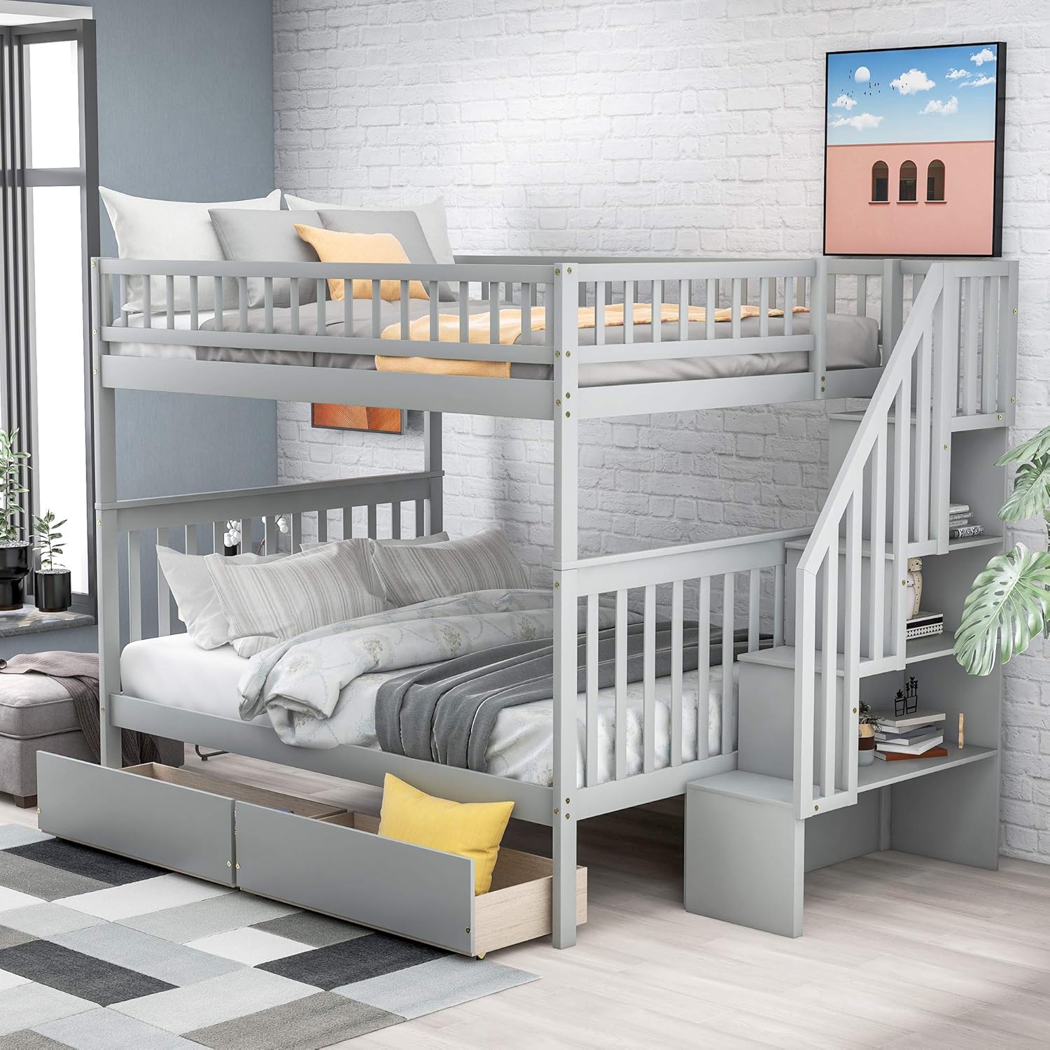 Full Over Full Bunk Bed with Storage Drawers,Stackable Mission Style Wood Storage Full Bunk Bed Frame for Kids and Teens