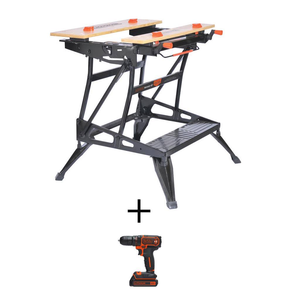 Black+decker Workmate 425 30 in. Folding Portable Workbench u0026 Vise w/Bonus 20-Volt Li-Ion 3/8 in. Drill/Driver, 1.5 Ah Pack
