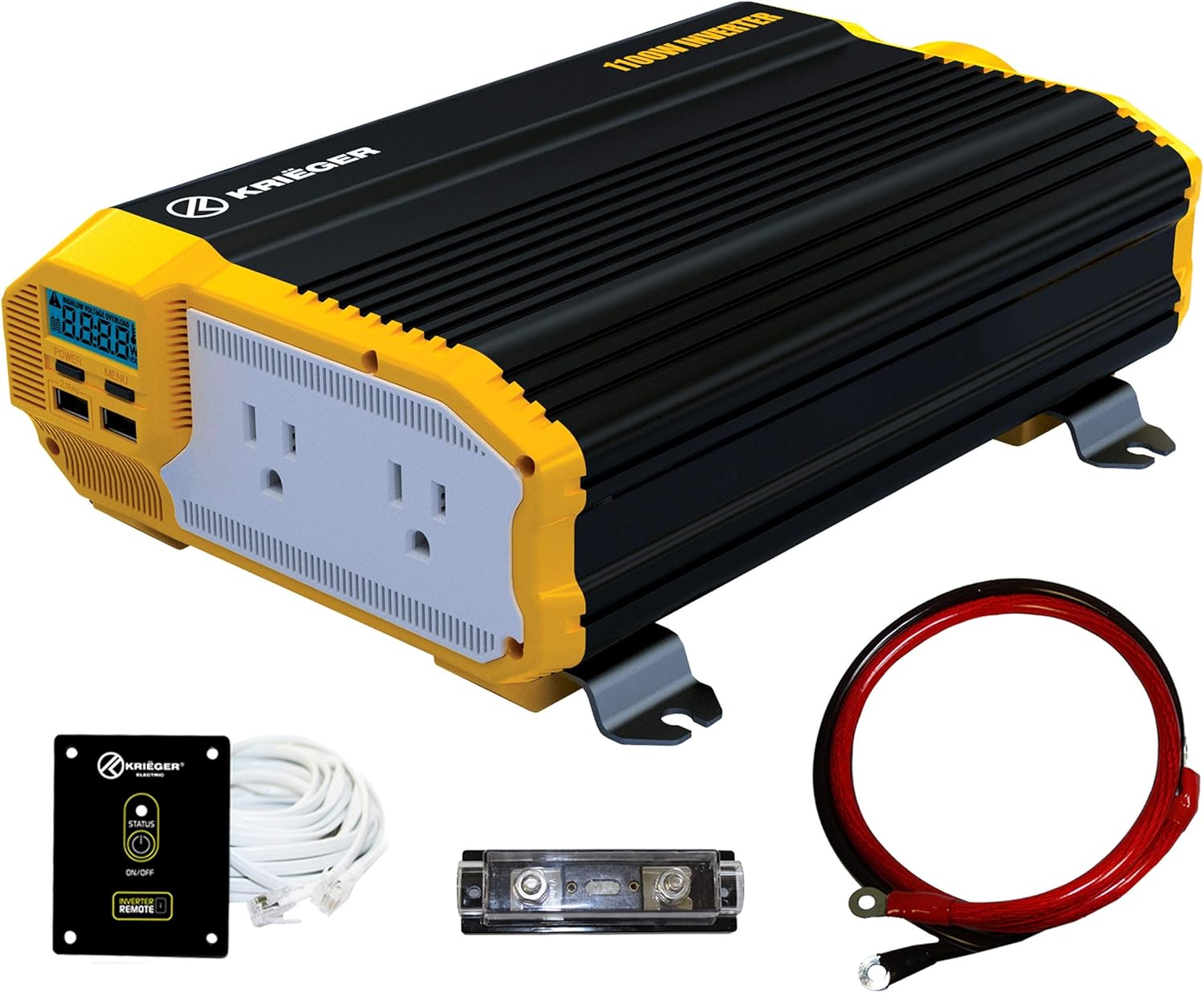 KRIËGER 1100 Watt 12V Power Inverter Dual 110V AC Outlets, Installation Kit Included, Automotive Back Up Power Supply For Blenders, Vacuums, Power Tools MET Approved According to UL and CSA.