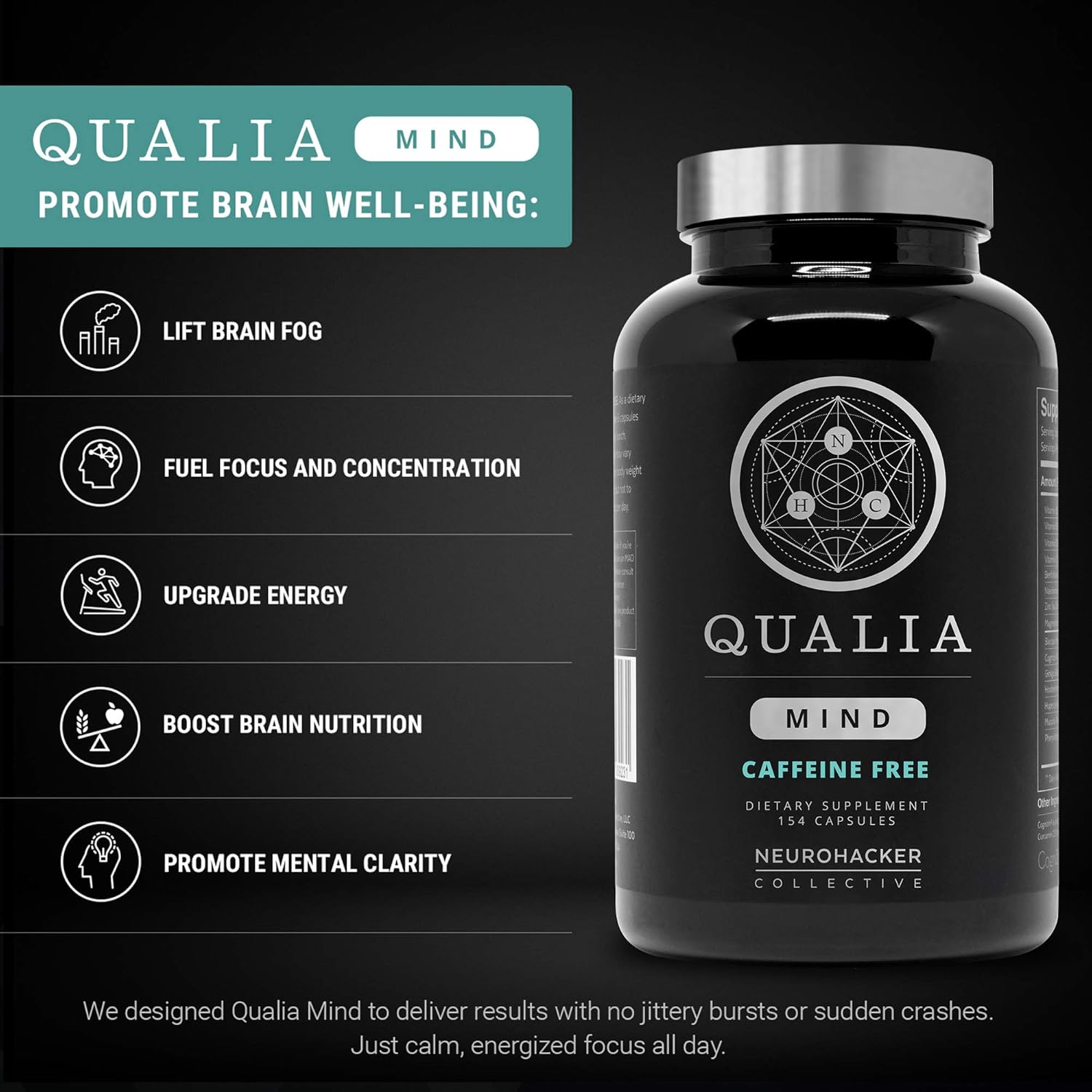 Qualia Mind Nootropic | Premium Brain Booster Supplement for Memory, Focus, Clarity and Concentration Support with Bacopa monnieri, Ginkgo biloba, DHA, Alpha GPC, B12 & More (154 Ct Caffeine-Free)