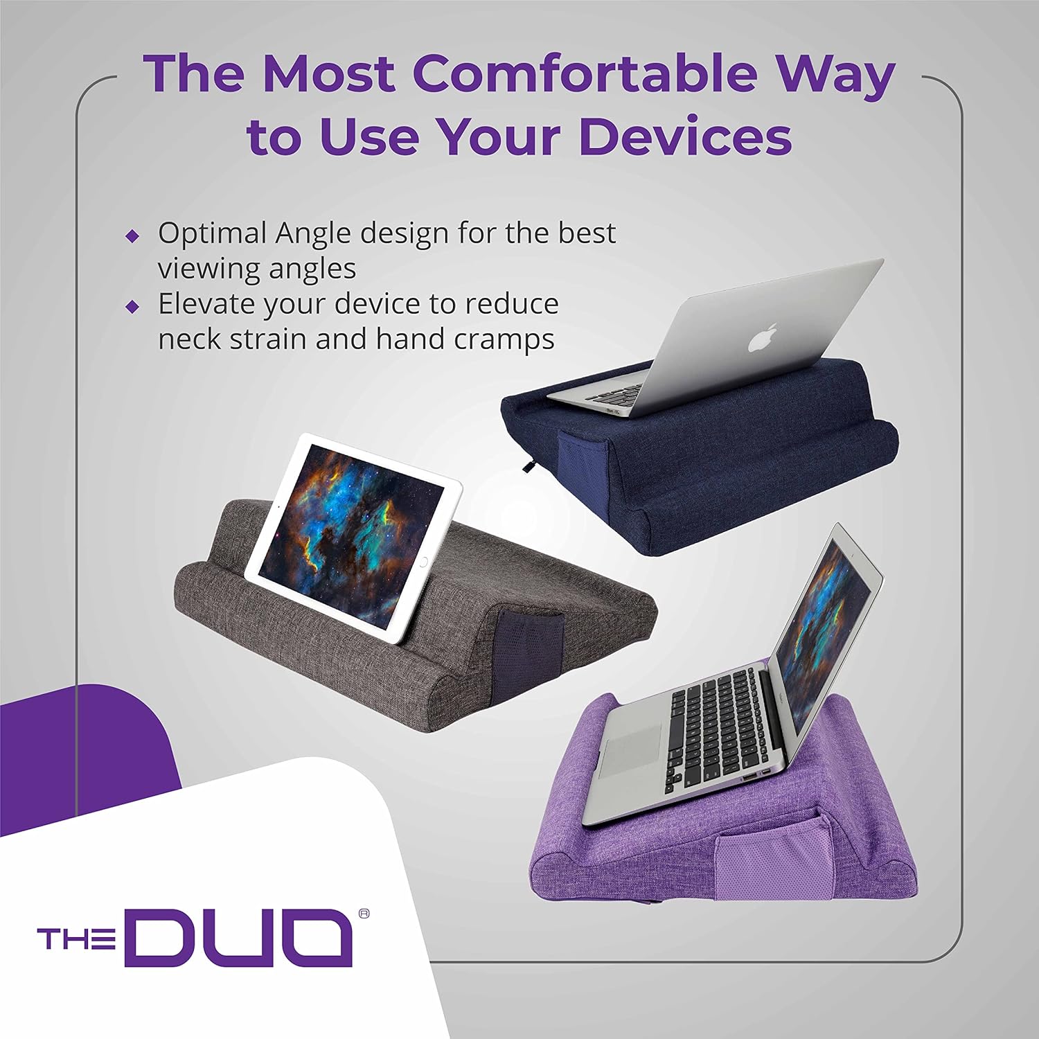 THE DUO Laptop 2.0 | Angled Laptop Stand | Work from Home Laptop Accessories | Laptop Desk | Memory Foam Laptop Pillow | Built-in Side Pockets | Removable & Washable Cover (Purple)