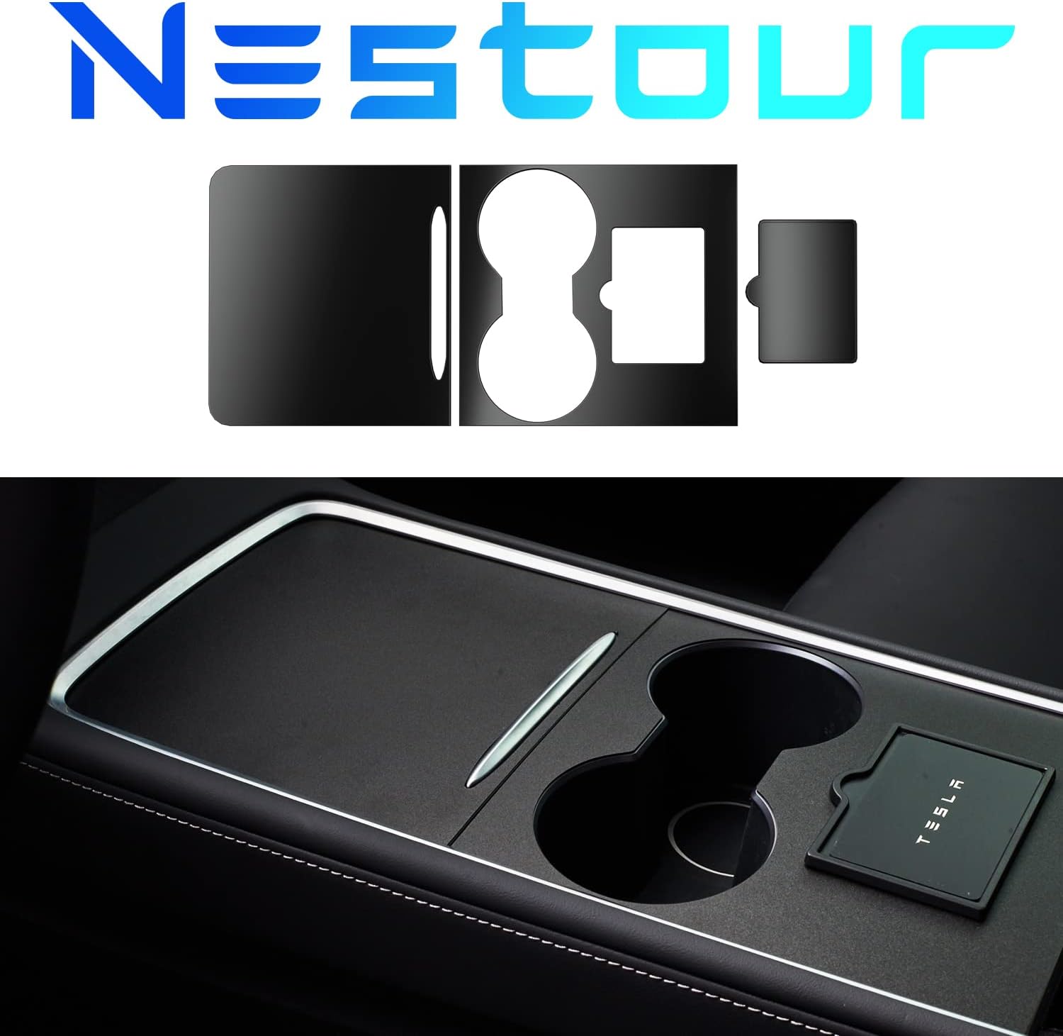 Nestour 2021 Tesla Model 3 Model Y Center Console Wrap Cover Kit, Ultra Slim, Non-Trace Remove Center Console Protector Accessories, Premium ABS Material. (Glossy Carbon Fiber)