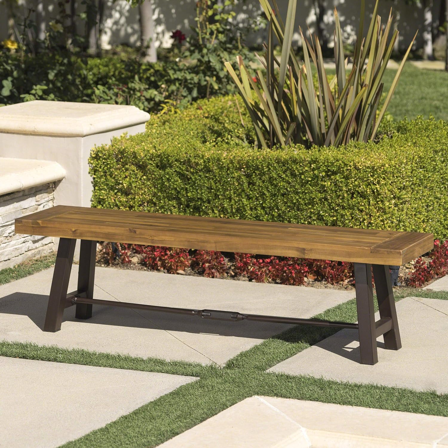Christopher Knight Home Catriona Outdoor Acacia Wood Bench with Metal Accents, Teak Finish / Rustic Metal