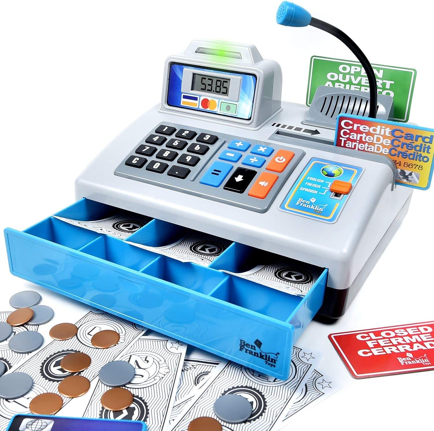 Ben Franklin Toys Talking Toy Cash Register - STEM Learning 69 Piece Pretend Store with 3 Languages, Paging Microphone, Credit Card, Bank Card, Play Money and Banking for Kids, Silver Pack of 2