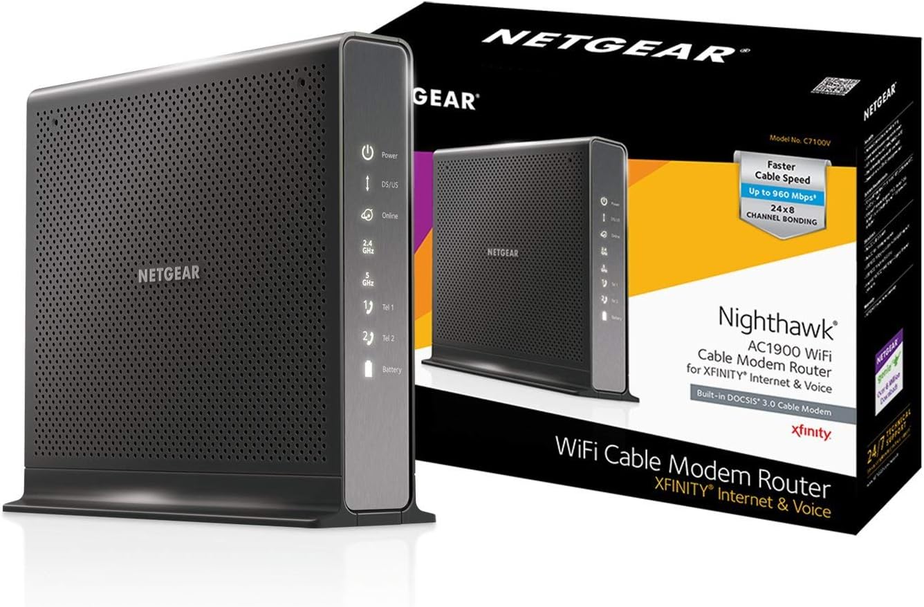 NETGEAR Nighthawk AC1900 (24x8) DOCSIS 3.0 WiFi Cable Modem Router Combo For XFINITY Internet & Voice (C7100V) Ideal for Xfinity Internet and Voice services (Renewed)