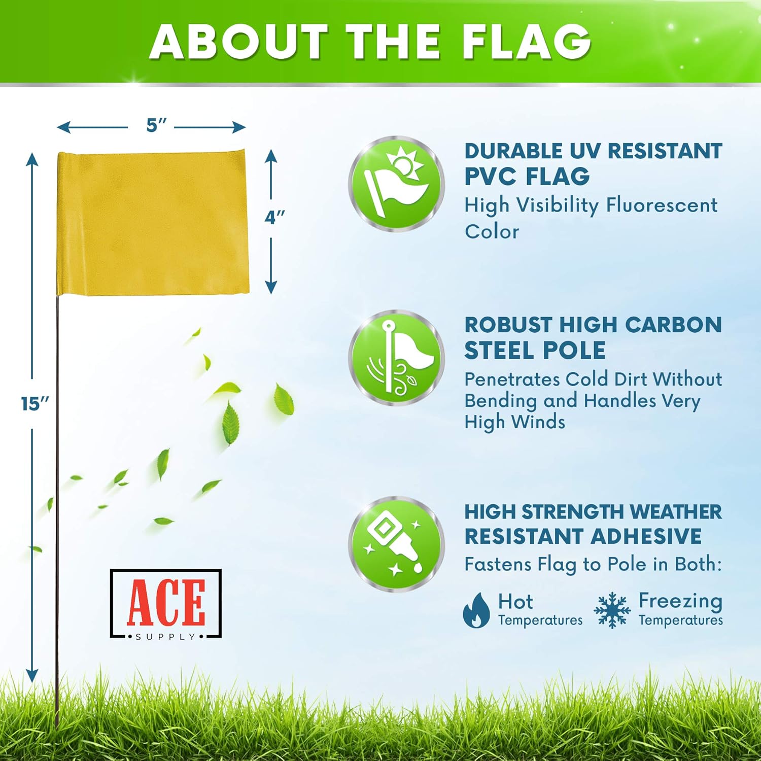 Yellow Marking Flags 1000 Pack - ACE Supply - 4x5-Inch Flag on 15-Inch Steel Wire - Yard Flags, Marker Flags for Lawn, Irrigation Flags, Lawn Flags Markers, Landscape Flags, Survey Flags, Sprinkler Flags, Compatible with Invisible Fence Flags