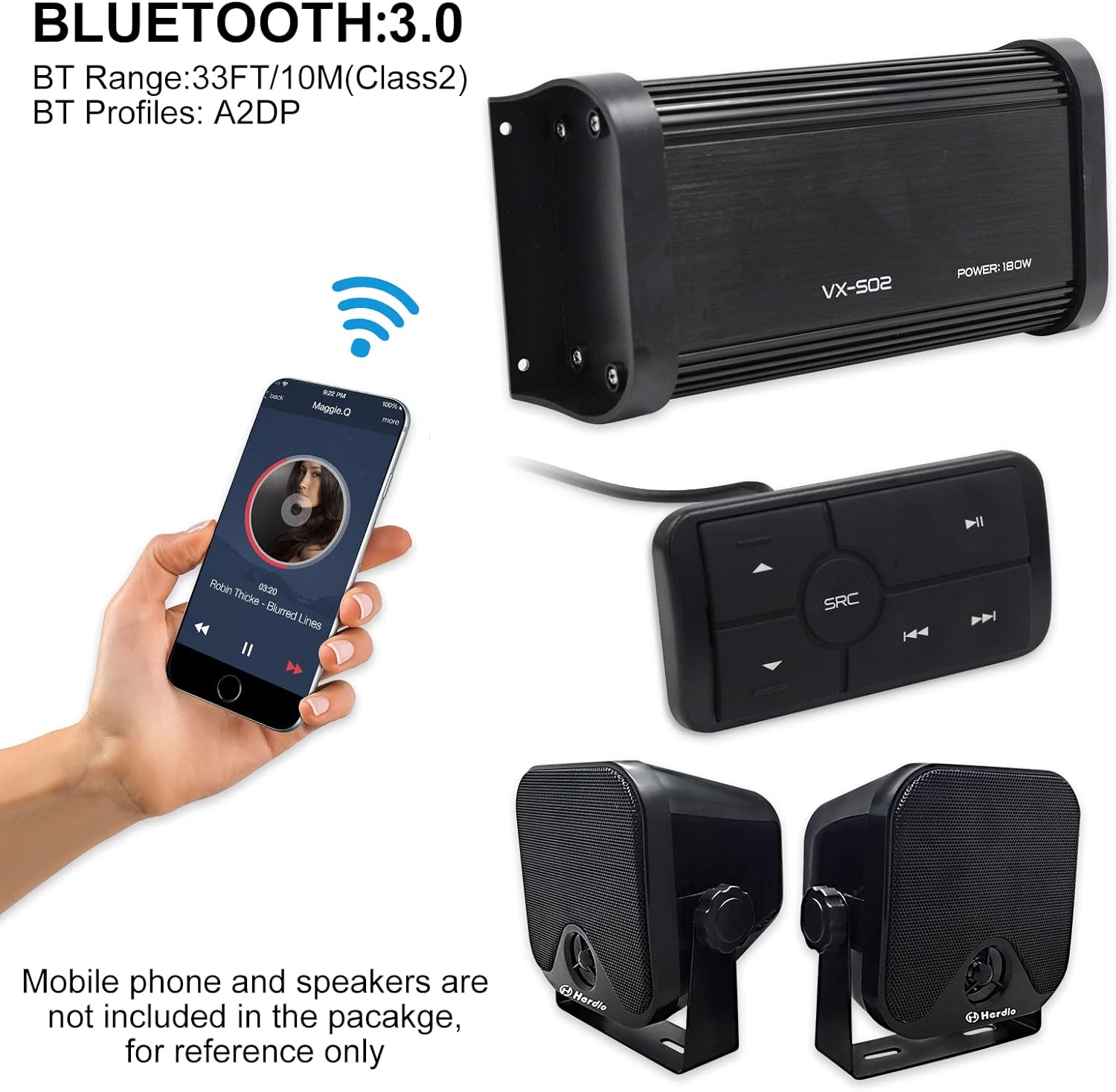 180 Watts 4 Channel Class A/B Waterproof Motorcycle Marine Bluetooth Amplifier Boat Stereo Audio Receiver Sound System MP3 Player with Aux in RCA Out for Boat ATV UTV Powersports Tractor Truck