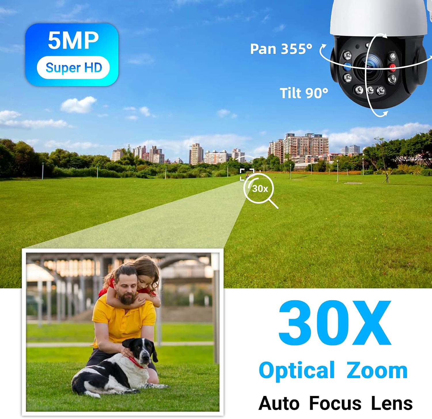 PTZ Security Camera Outdoor 30X Optical Zoom Camera WiFi Wireless 5MP RTSP IP Camera 1000FT Night Vision Auto Tracking Emergency Strobe Light Alarm Human Detection 2-Way Audio IP66 Waterproof