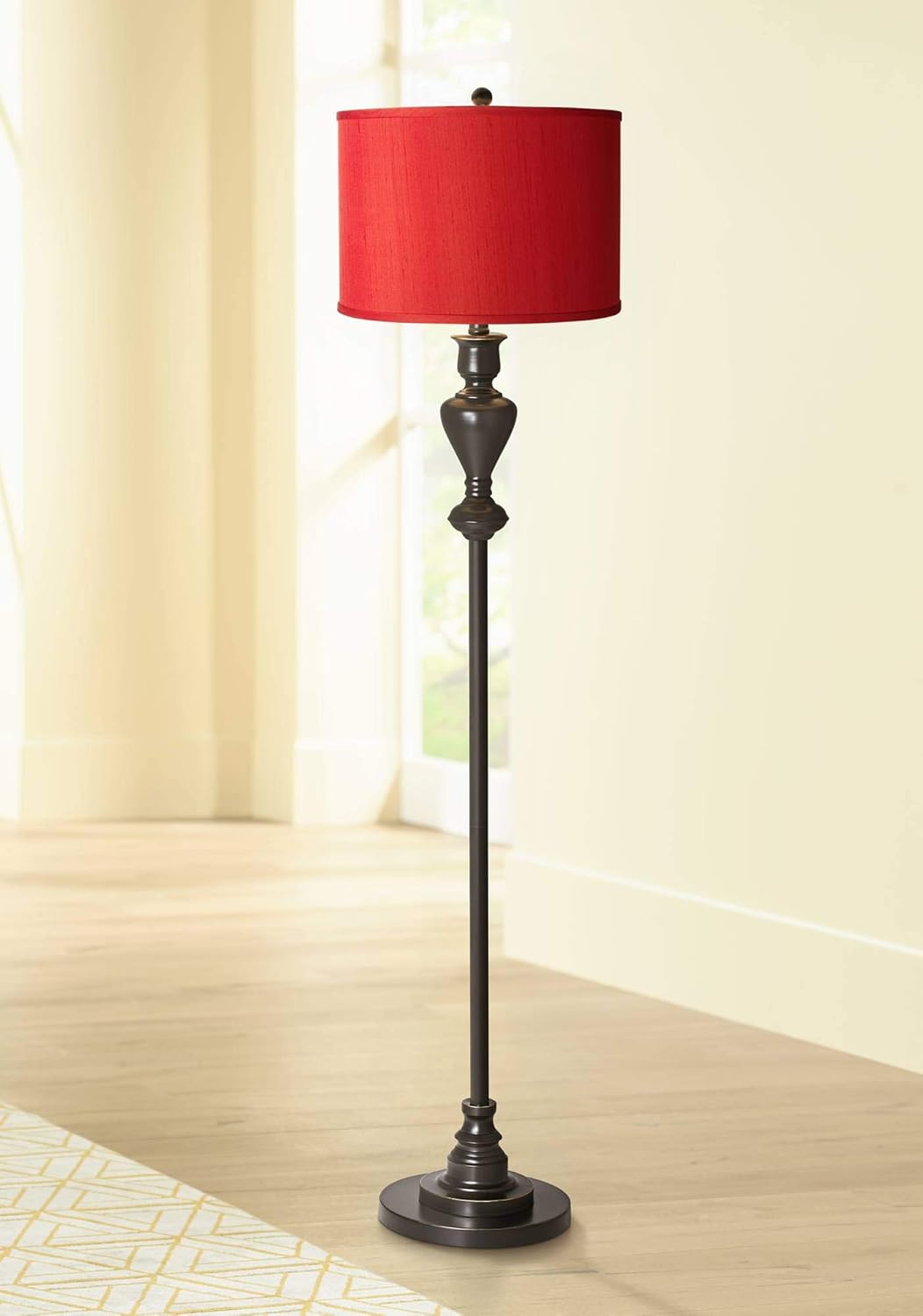 Traditional Floor Lamp Standing Black Bronze Gold Metal China Red Textured Silk Fabric Drum Shade Decor for Living Room Reading House Bedroom Home Office - Possini Euro Design