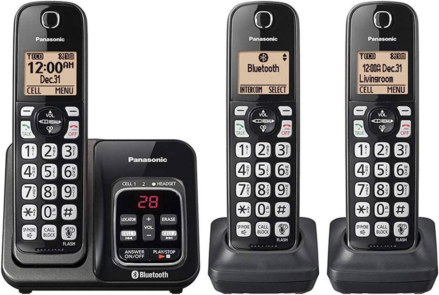 Panasonic KX-TG833SK Link2Cell Bluetooth with Talking Caller ID 3 Handset Cordless Phone (Renewed) Pack of 2