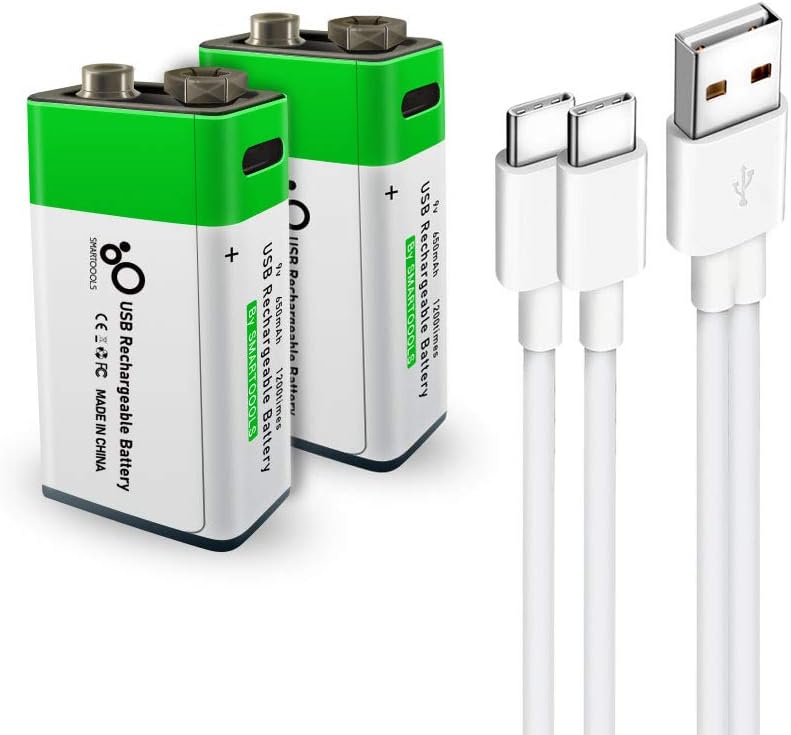USB 9V Lithium ion Rechargeable Battery, High Capacity 650mAh Rechargeable 9V Battery, 1.5 H Fast Charge, 1200 Cycle with Type C Port Cable, 2-Pack