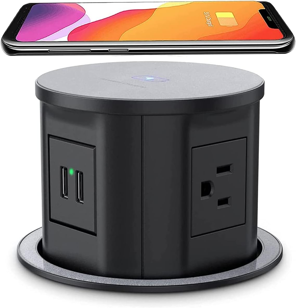 Pop Up Socket, Pop Up Outlet for Countertop, Retractable Recessed Power Strip with Wireless Charger 4 AC Plug 2 USB-A Ports (White)