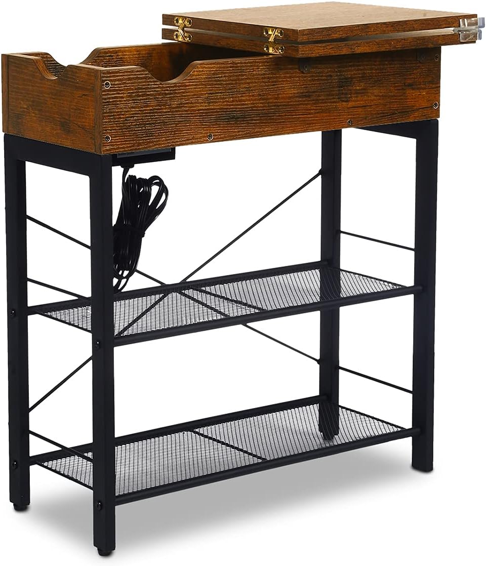 Kuyang End Table with Storage Shelf, Narrow FlipTop End SideTable with USB Ports and Anti-Collision Angle & Power Outlets for Small Spaces,Nightstand SofaTable for Living Room, Bedroom Retro Brown