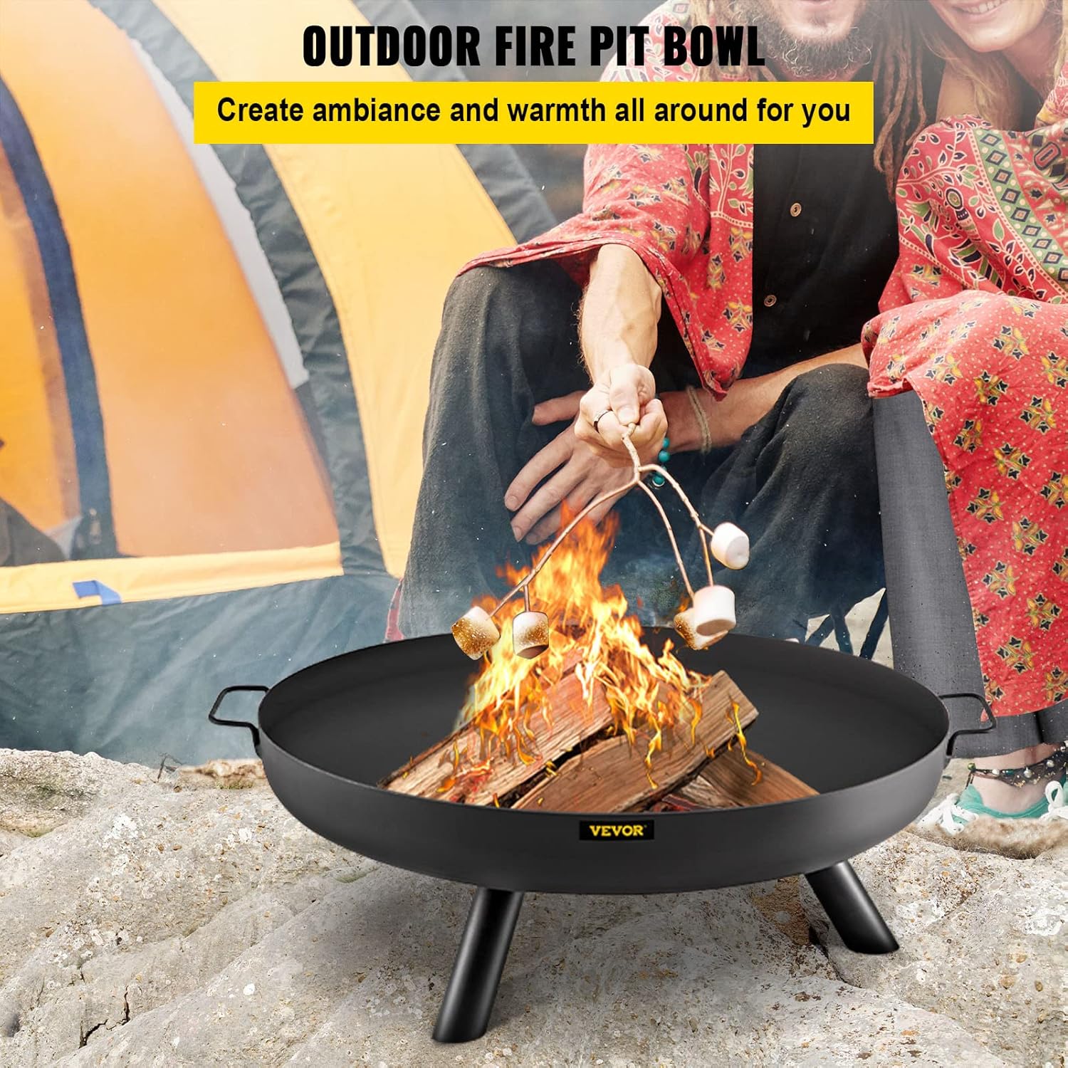 VEVOR Fire Pit Bowl, 28-Inch Diameter Round Carbon Steel Fire Bowl, Wood Burning for Outdoor Patios, Backyards & Camping Uses, with A Drain Hole, Portable Handles and A Firewood Stick, Black