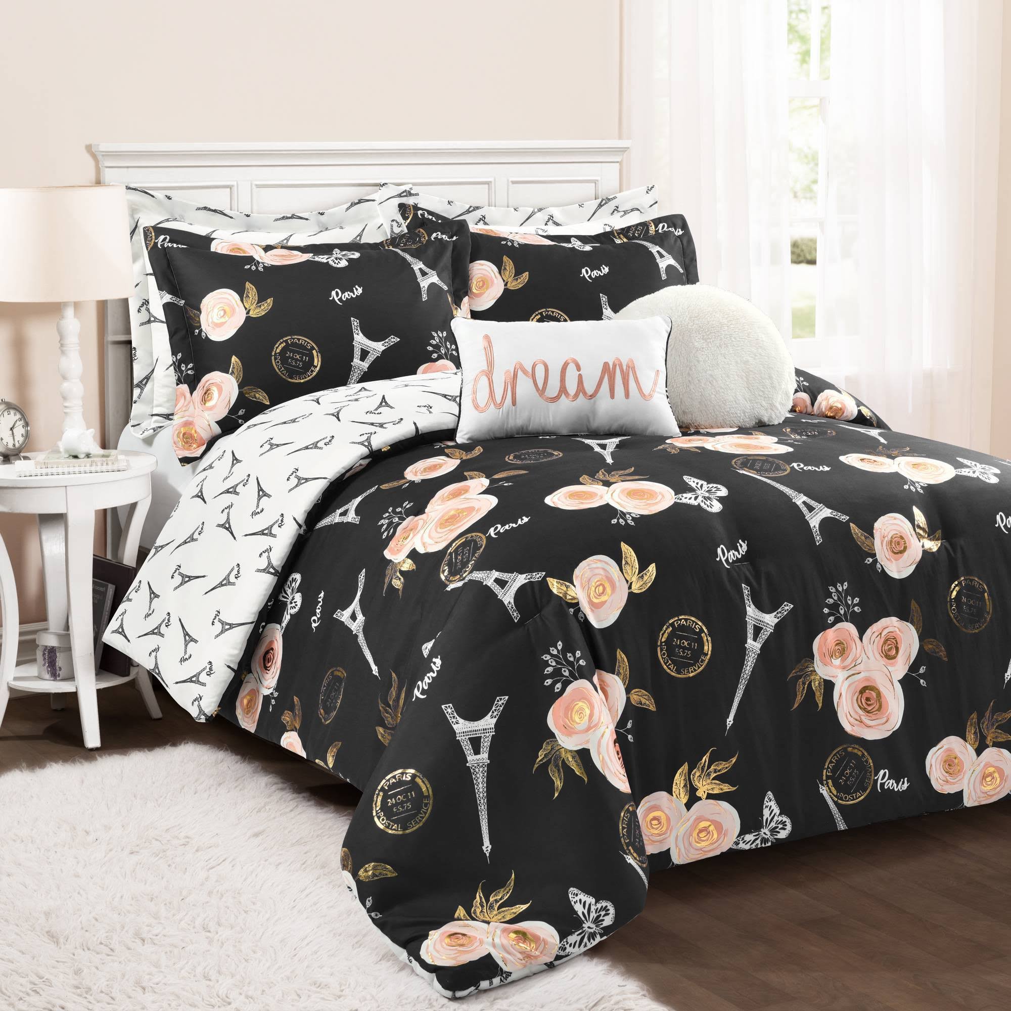 Lush Decor Vintage Paris Rose Butterfly Script Comforter Black Set King