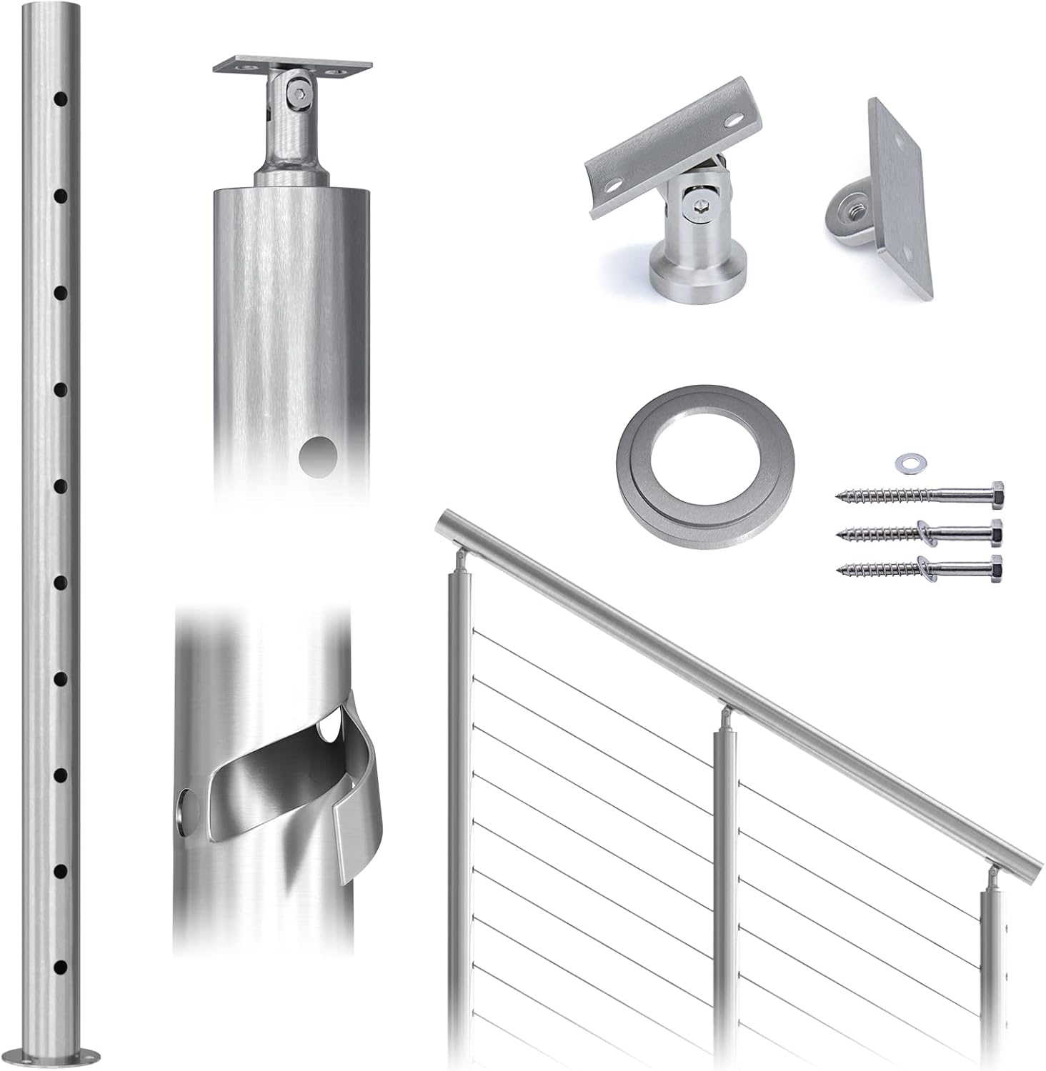 Muzata Cable Railing Post Round 36&rdquo;x2.36&rdquo; Stainless Steel Brushed Finishing Pre-drilled Posts Surface Mount for Wood Concrete Level Deck Stair Balustrade fit Invisible kit PS21 LH4S, PT1 PT3