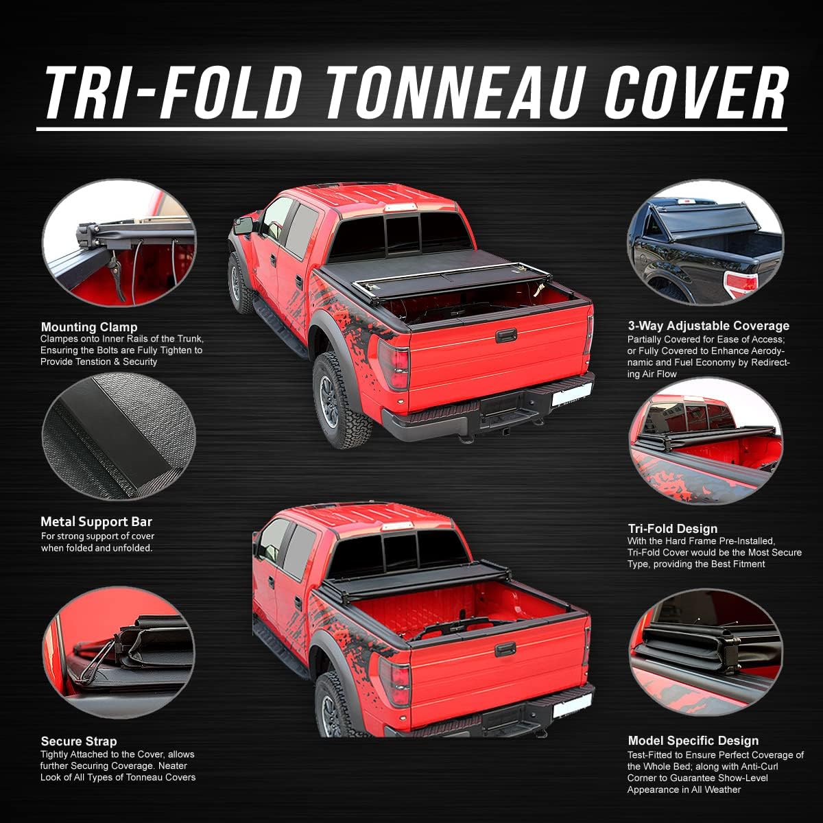 Vinyl Soft Top Tri-Fold Adjustable Truck Tonneau Cover Compatible with Toyota Pickup Tacoma 6Ft Styleside Bed 89-04, Matte Black