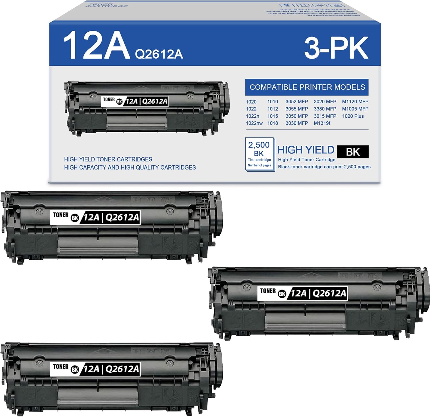 MaxColor 3 Pack 12A Q2612A Black Compatible Q2612A Toner Replacement for HP 1020 1022 1022n 1022nw 1010 1012 1015 1018 3052 3055 3050 3030 3015 M1319f M1120 M1005 MFP 1020 Plus Printer Ink Cartridge.