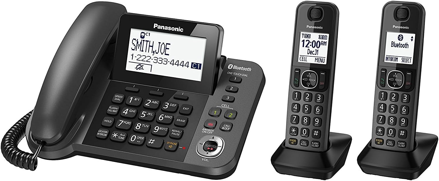 Panasonic KX-TGF382M Link2Cell Bluetooth Corded/Cordless Cordless Phone and Answering Machine with 2 Cordless Handsets (Renewed)