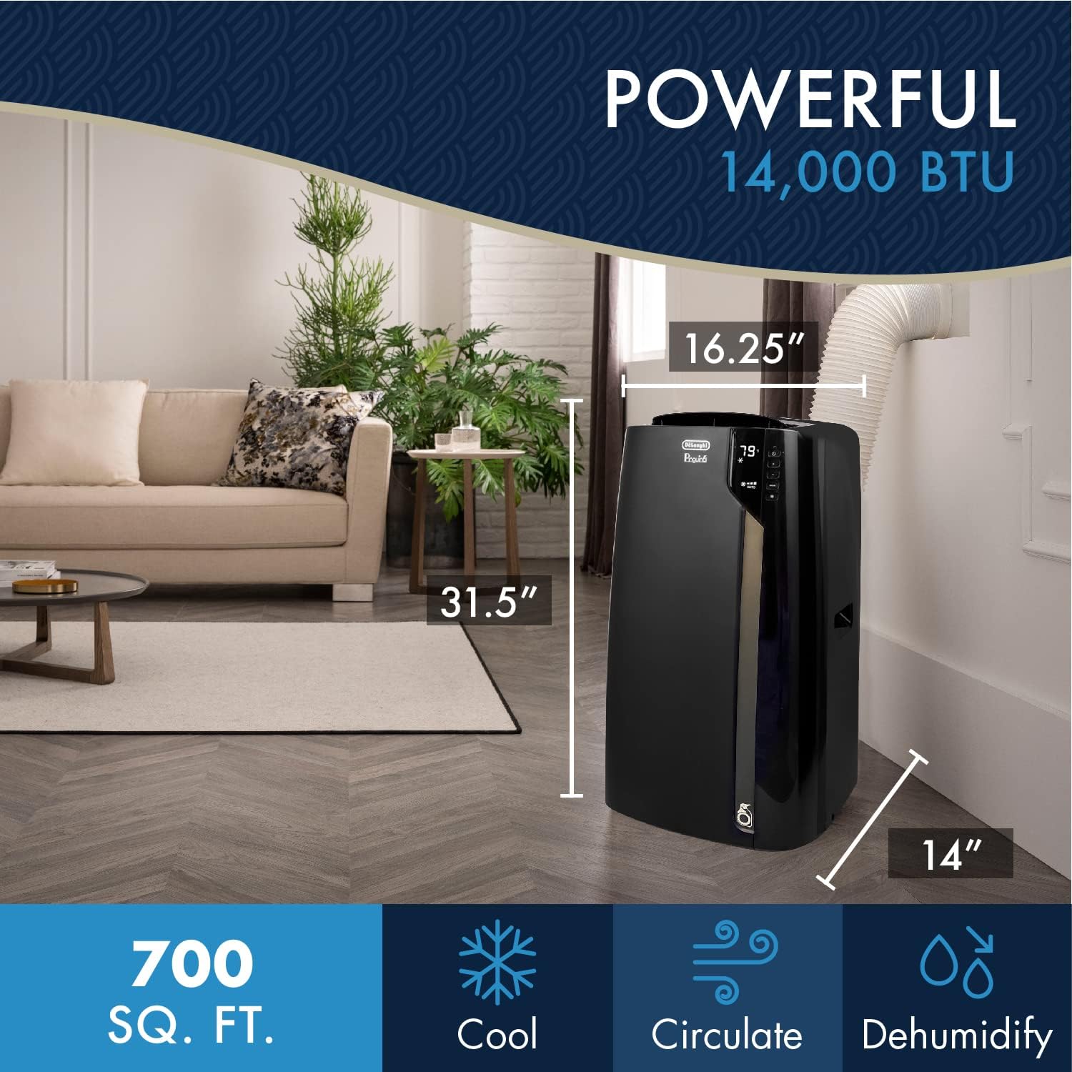 De'Longhi 14000 BTU&nbsp;Portable Air Conditioner, Dehumidifier & Fan + Cool Surround Remote w/Built-in Temperature Control Sensor &&nbsp;Quiet Mode, 700 sq ft, XLarge Room, Pinguino&nbsp;8600 BTU (DOE), Black