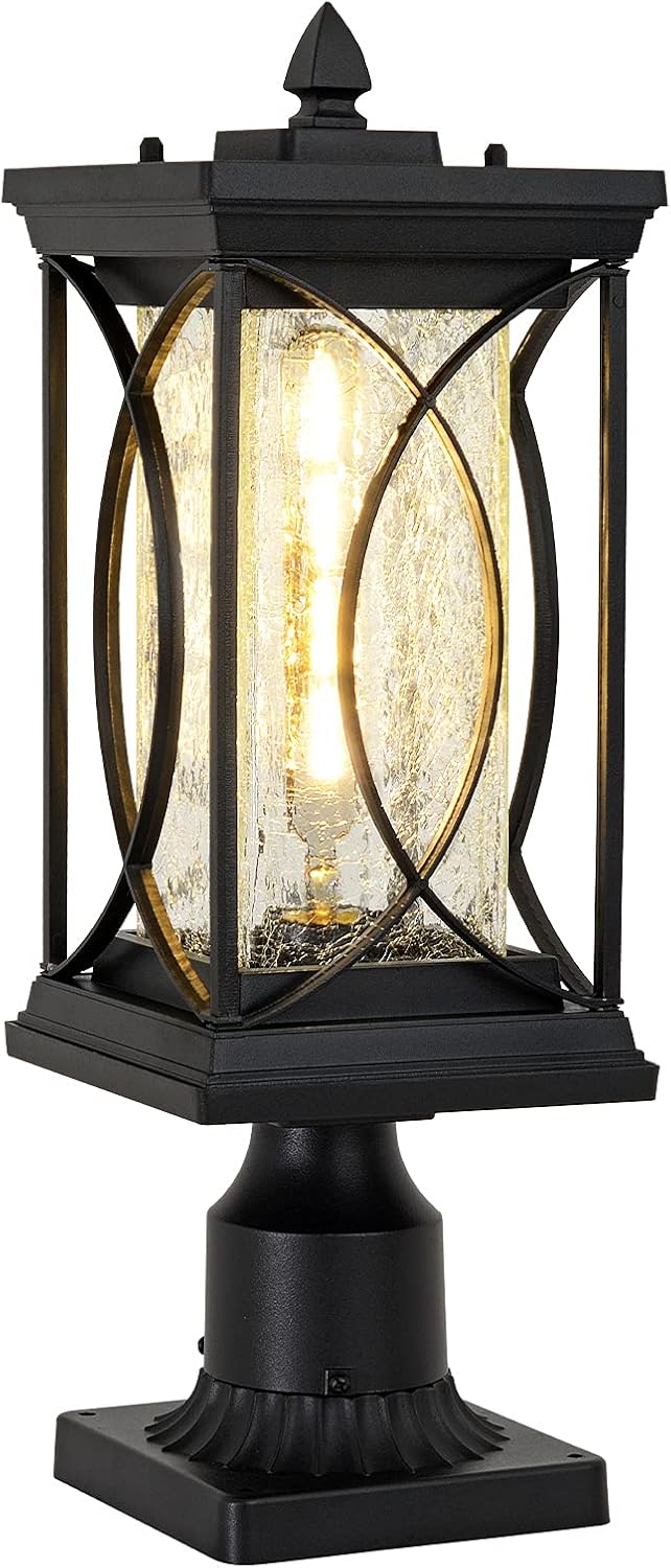 Modern Outdoor Post Lantern Exterior Light Fixtures Pillar Lamp with 3 Inch Pier Mount Adapter, Black Aluminum with Crackle Glass Outdoor Post Lights for Patio, Yard, Garden, Pathway