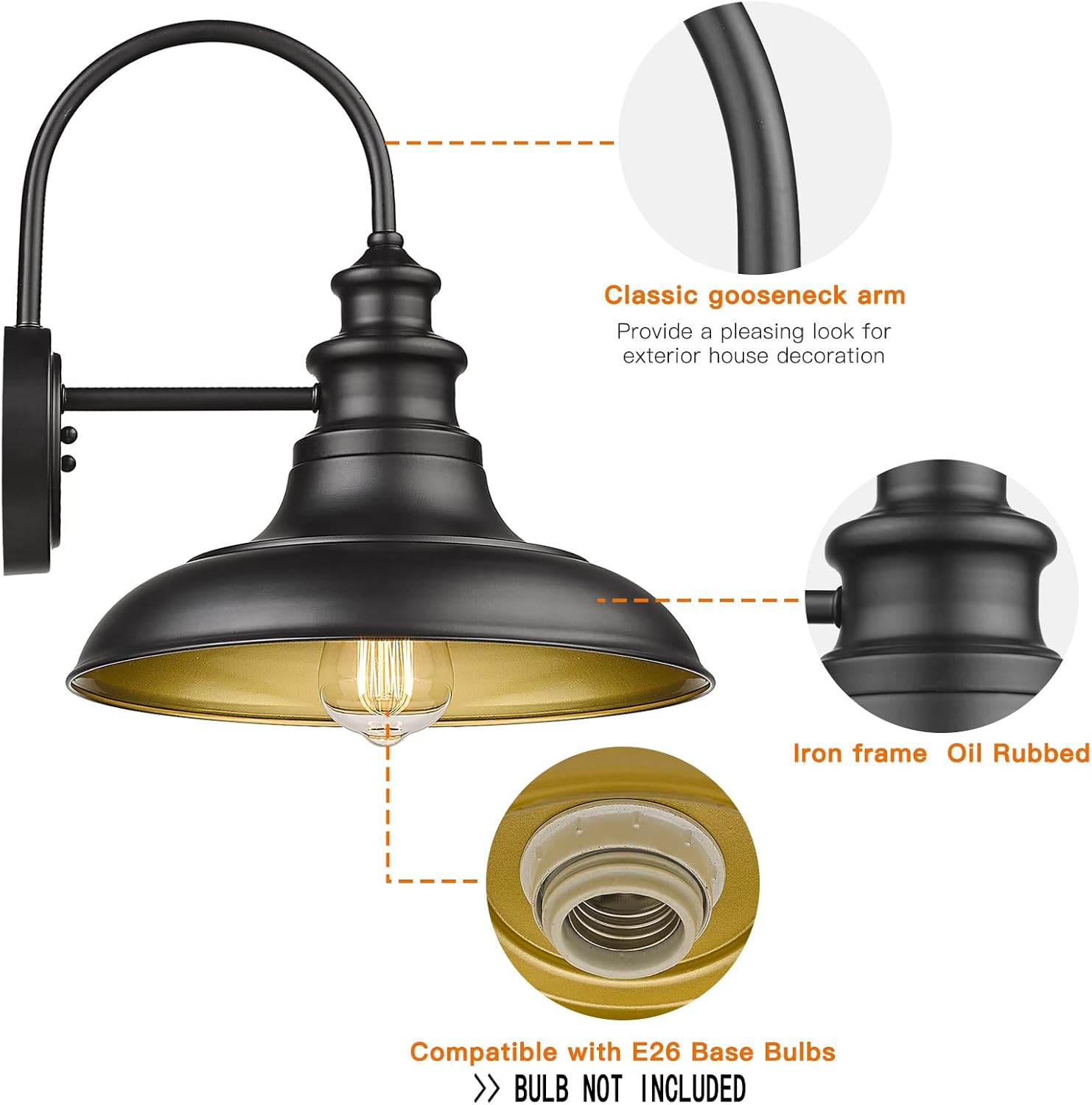 Diyel Outdoor Barn Light Fixture Farmhouse Wall Mount Light Gooseneck Wall Sconce Exterior Wall Lighting Fixture Industrial Black Finish Lantern for Porch with Gold Interior, 1Pack, RZ004BK-1
