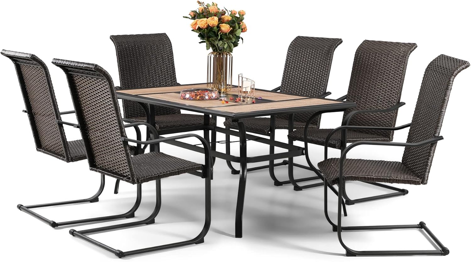 Sophia & William Patio Dining Set 7 Piece with 6 Extra-Large & High Back Swivel Patio Chairs and 1 Wood-Like Patio Dining Table, Umbrella Hole: 1.57