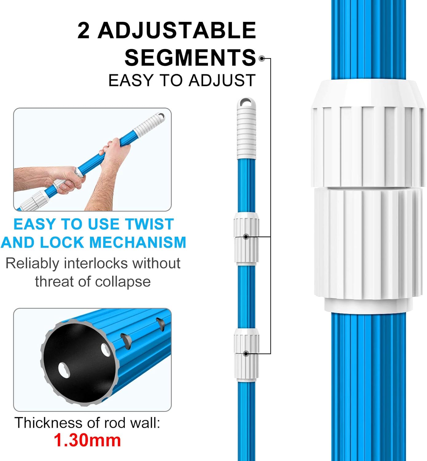 BLIKA 16.5FT Blue Aluminum Telescopic Swimming Pool Pole, 1.30mm Thickness, Pool Pole Telescopic, Pool Poles for Cleaning Pack of 2
