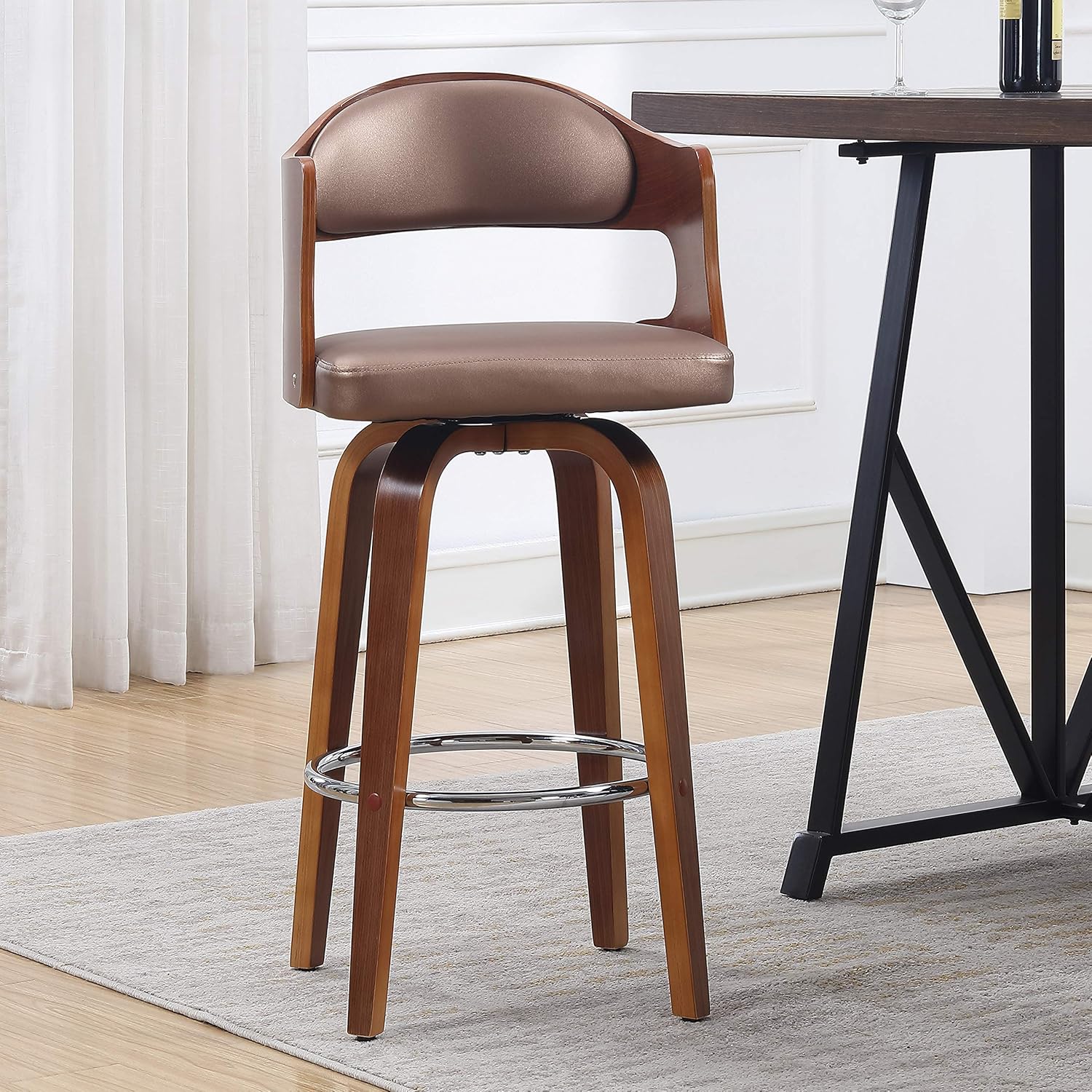 AC Pacific Counter Seat Height Swivel Barstool Leather Black Mid-Century 27-Inch,