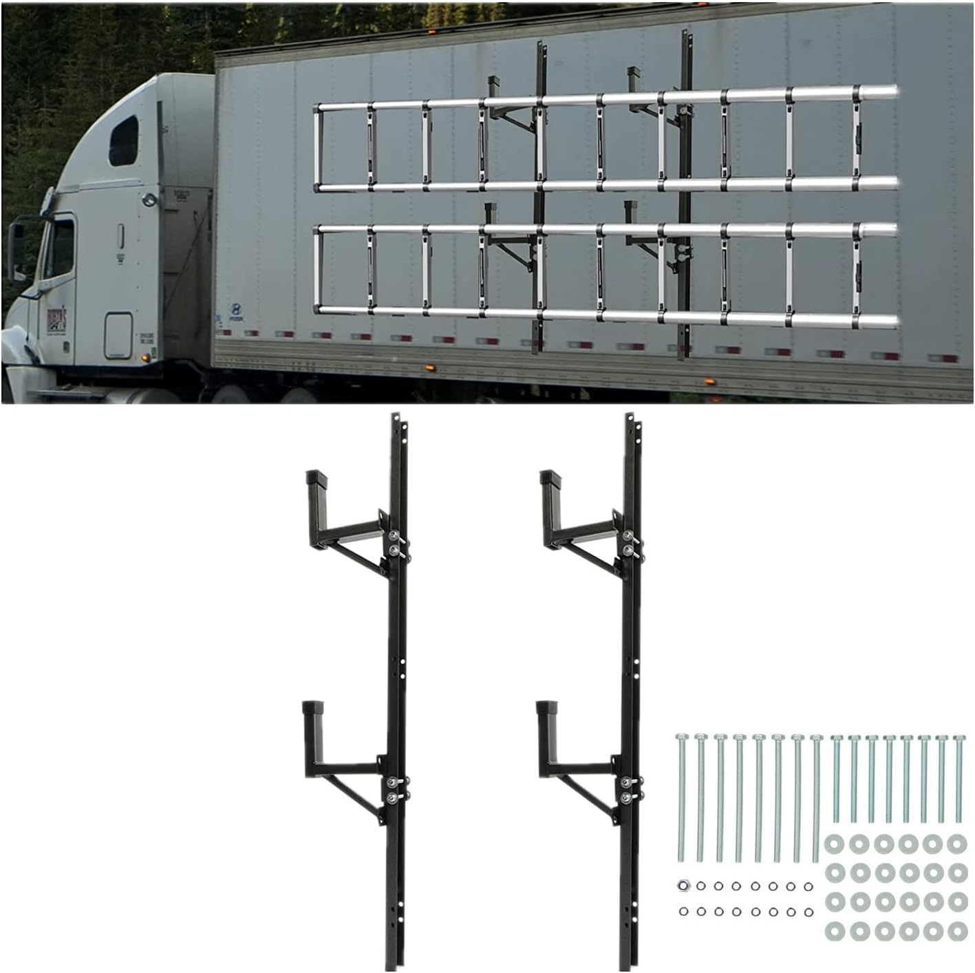 KUAFU Adjustable Trailer Ladder Rack Universal Side Mount Fit for Enclosed Trailer Exterior Outside Wall - Carry 1 or 2 Ladders