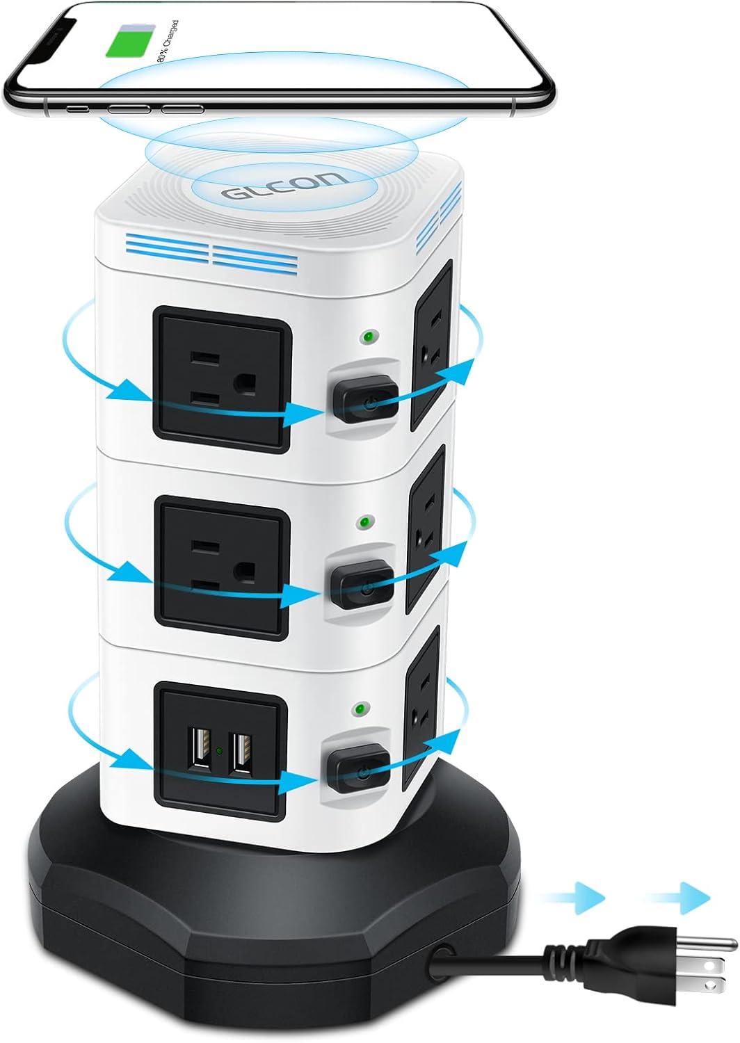 Power Strip Tower - GLCON Surge Protector Charging Tower for Multiple Devices - Desk Charging Station with Wireless Charger + 10 AC Outlets Plug + 4 USB Ports + 6ft Extension Cord (Grey White) Pack of 2