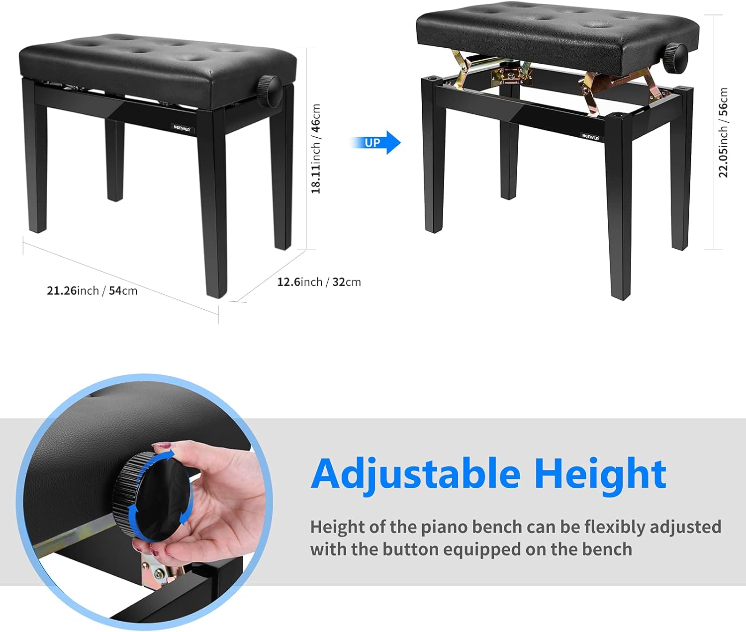 Neewer NW-009 Adjustable Padded Piano Bench, Music Keyboard Bench, Leather Backless Stool with Solid Hard Wood Construction, Supports up to 250 Pounds / 113 Kilograms (Black)