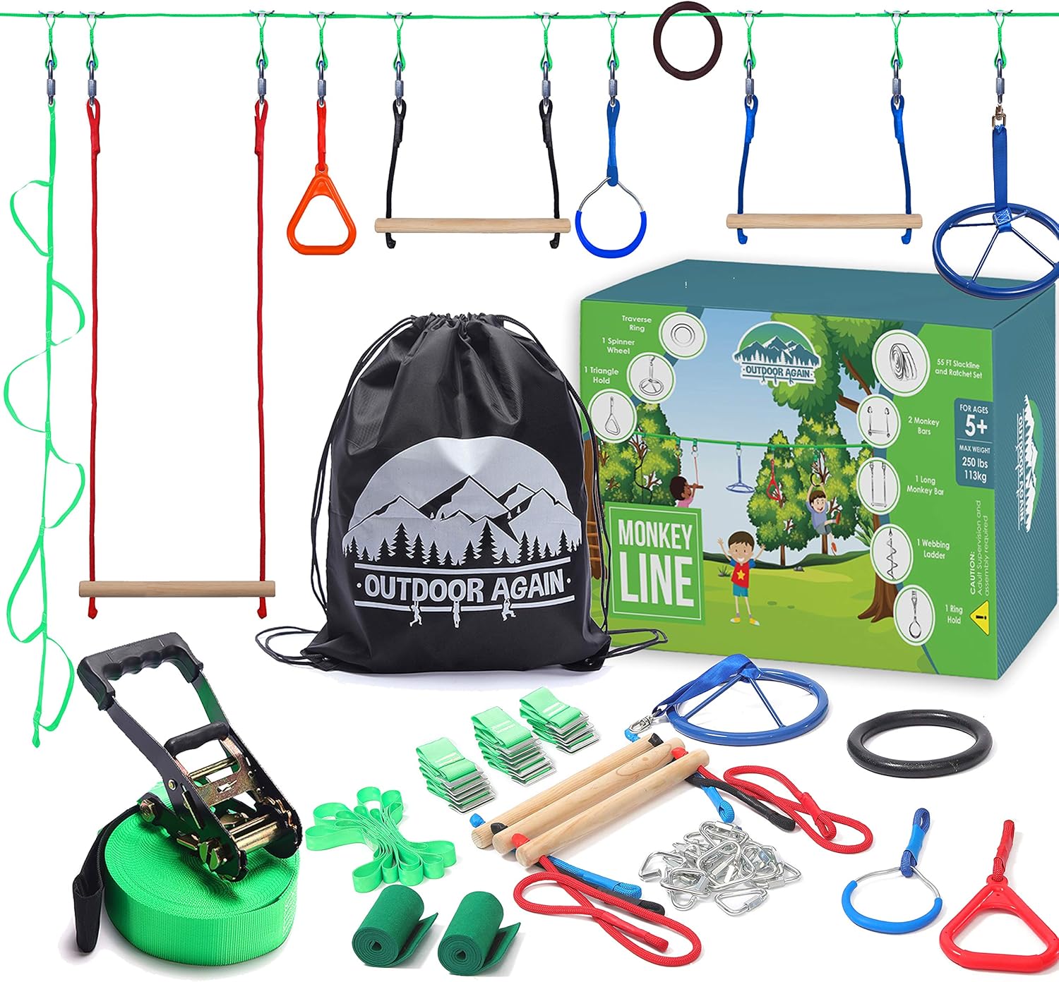 Outdoor Again 65' Ninja Warrior Obstacle Course for Kids - 12 Obstacles - Ninja Slackline - Kids Obstacle Course - Ninja Course for Kids Outside - Kids Ninja Warrior Obstacle Course- Ninja Slack Line