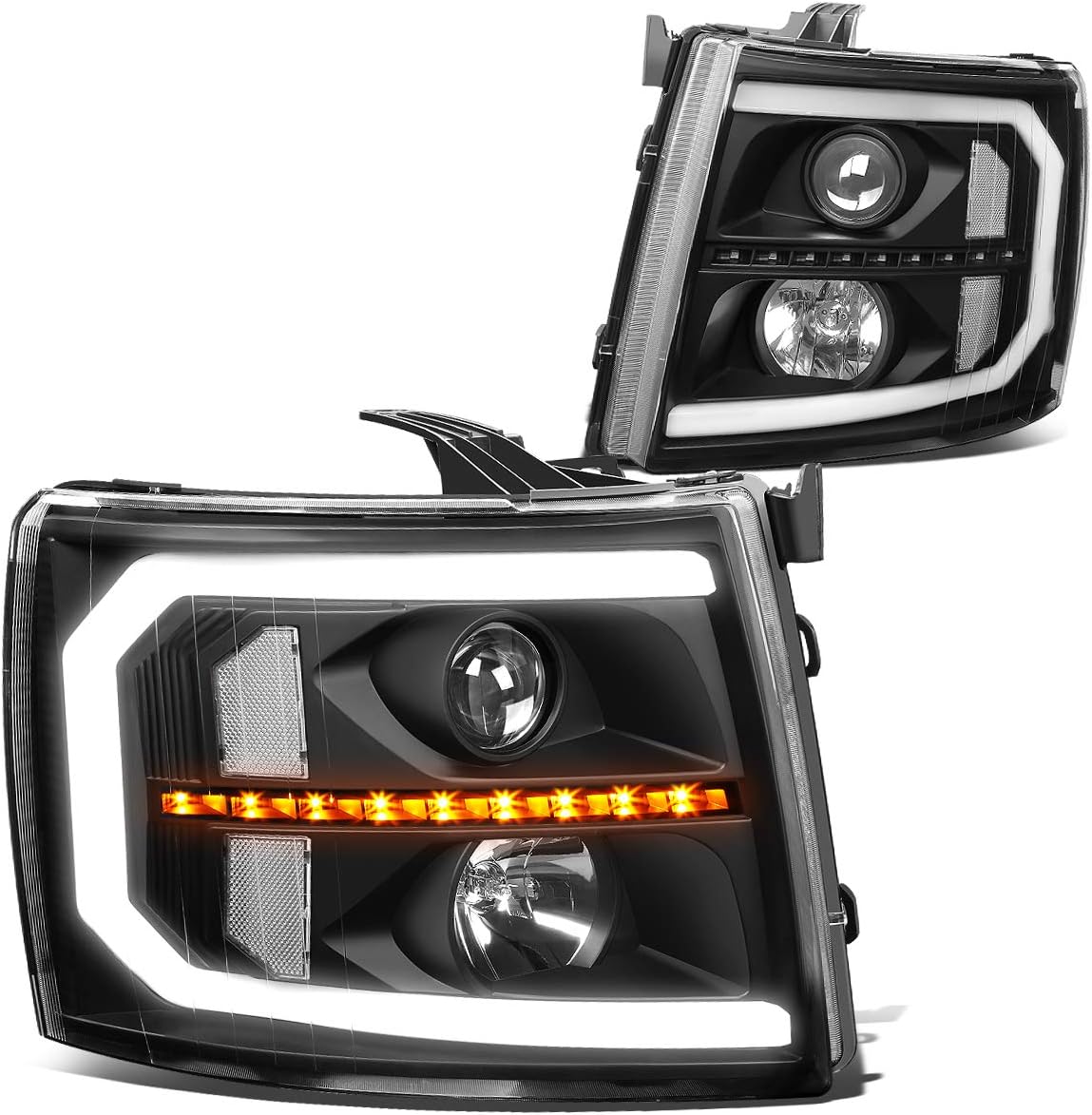[Halogen] C-Tube LED DRL Sequentail Amber Turn Signal Projector Headlights Assembly Compatible with 2007-2013 Chevy Silverado 1500 2500HD 3500HD, Driver and Passenger Side, Black Housing