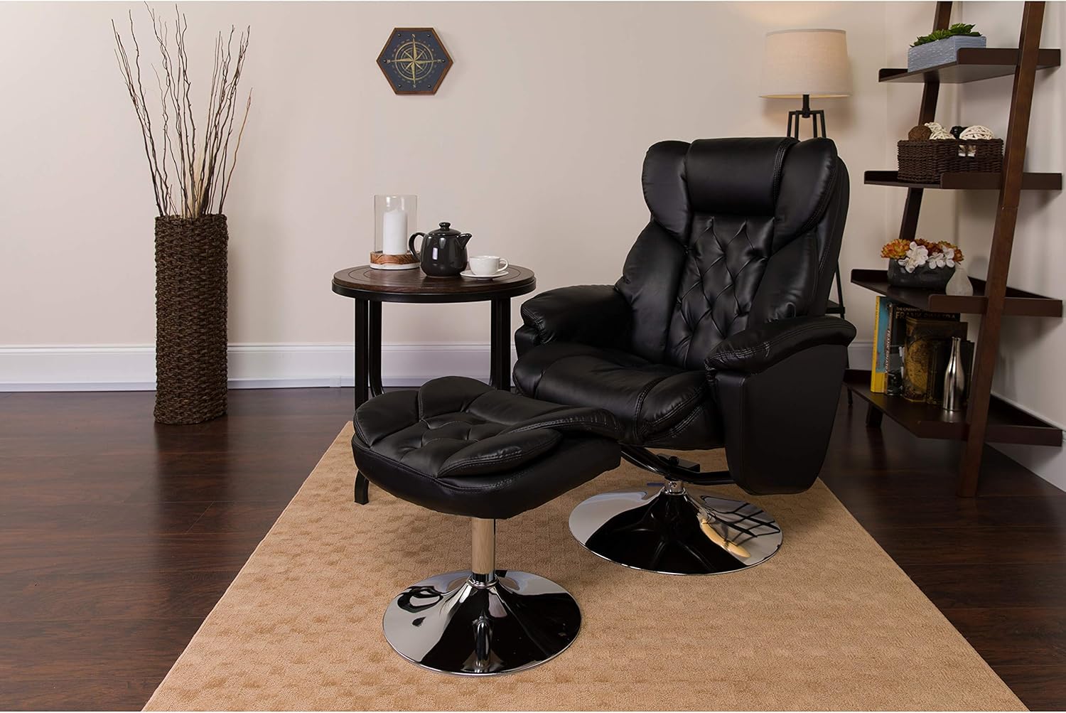 Flash Furniture Transitional Multi-Position Recliner and Ottoman with Chrome Base in Black LeatherSoft
