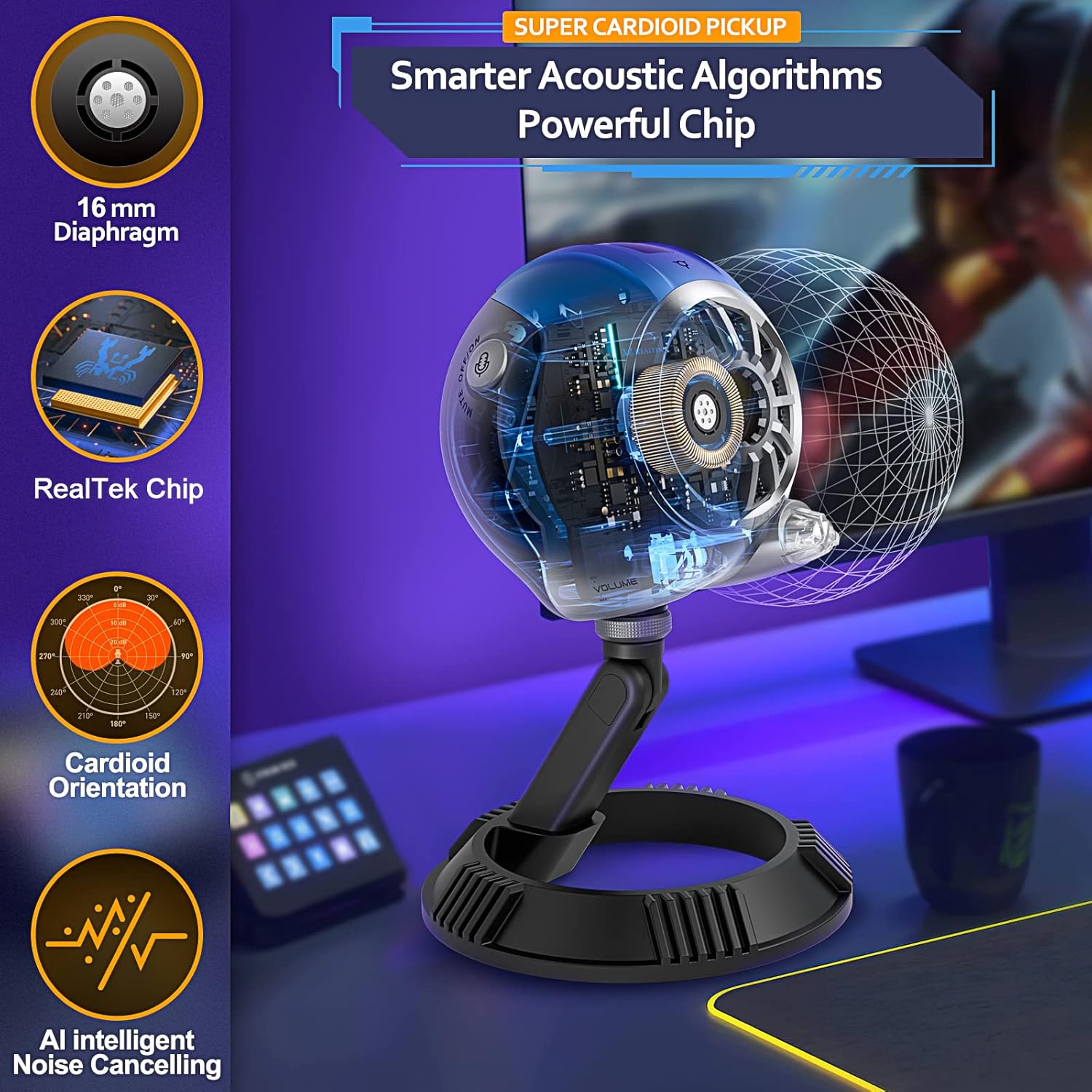 RGB Gaming Microphone for PC,PS4/5,MAC, Mercase Realtek Chip 384kHZ Condenser Cardioid Microphone with Quick Mute, Selectable 10 Dynamic RGB Sound Sync Modes,Gain Control,for Streaming, Twitch,YouTube