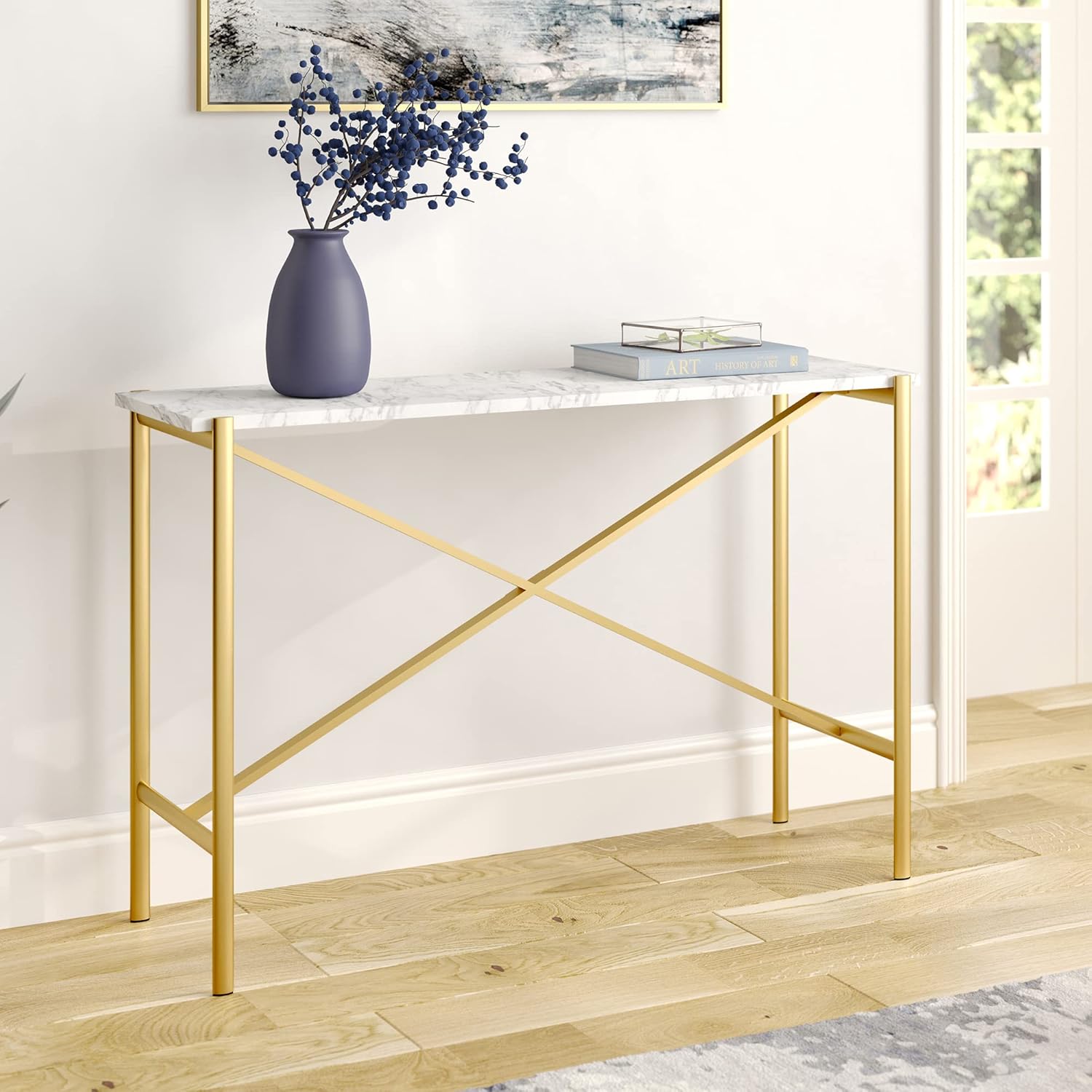 Henn&Hart Contemporary Metal Console Table with Faux Marble Top in Blackened Bronze