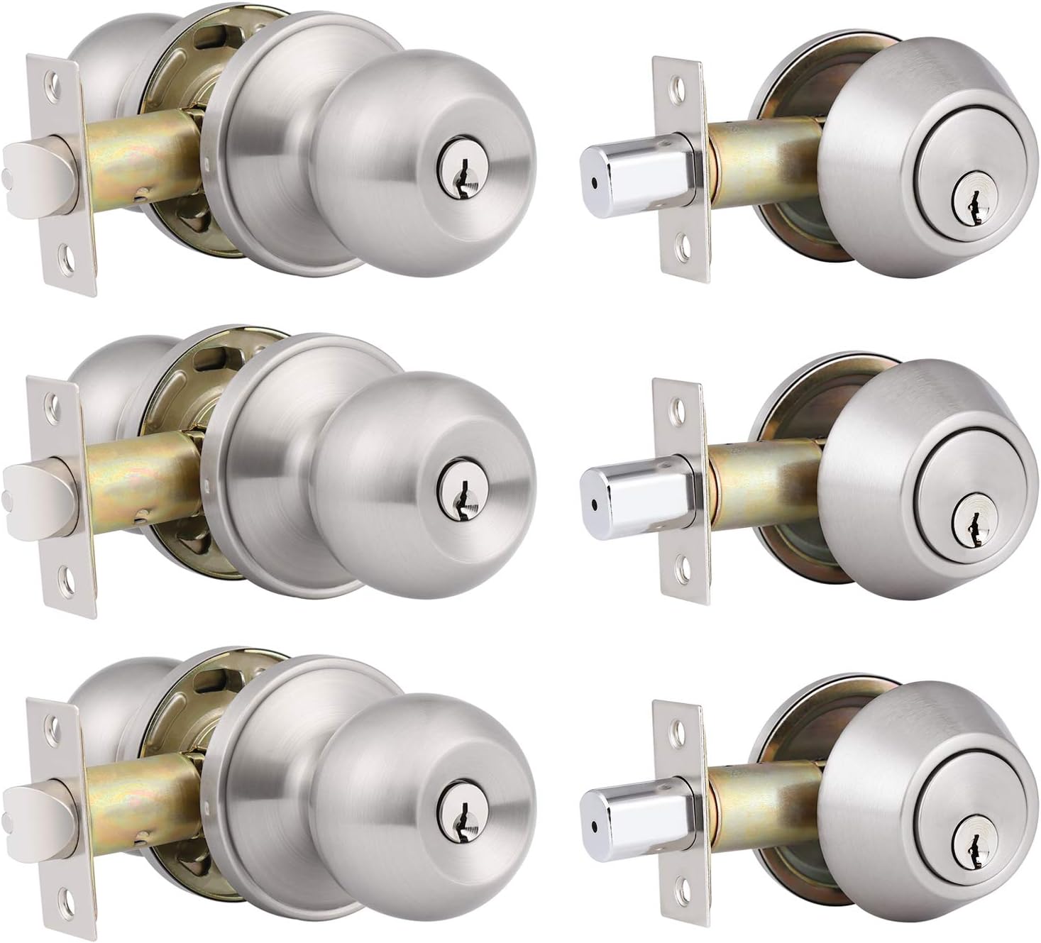 6 Pack Keyed Alike Entry Door Knobs and Single Cylinder Deadbolt Lock Combo Set Security for Entrance and Front Door with Classic Satin Nickel Finish